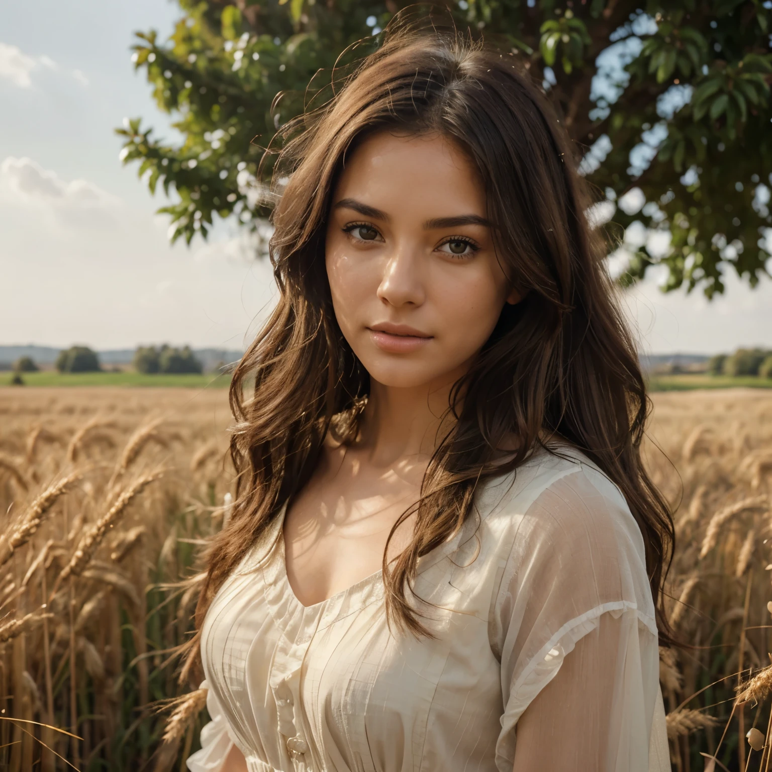 Generate a photorealistic image of a brunette woman in a wheat field. Her hair should be rich, dark brown, flowing in natural waves and reflecting the sunlight, with each strand finely detailed. Her facial features need precise definition: deep brown eyes with intricate iris patterns, a gracefully contoured nose, and full lips with a soft, natural tint, all showing realistic textures and subtle gloss. Highlight her skin's lifelike texture, emphasizing pores and natural skin tones, illuminated by the outdoor lighting.
She is wearing a flowing dress that blends harmoniously with the rural setting. The dress should have a natural, soft texture, capturing the movement and tranquility of the wheat field.
The wheat field is depicted in vibrant detail, with golden stalks gently swaying in the breeze, each blade rendered to show its texture and color. The background includes a vast, clear blue sky and possibly distant hills or a tree line. The lighting is the warm, golden hue of the late afternoon sun, creating a serene ambiance with soft shadows and enhancing the scene's colors. The focus is sharply on the woman, positioned as the central figure amidst the tranquil beauty of the wheat field, with her detailed features and the surrounding nature both highlighted.