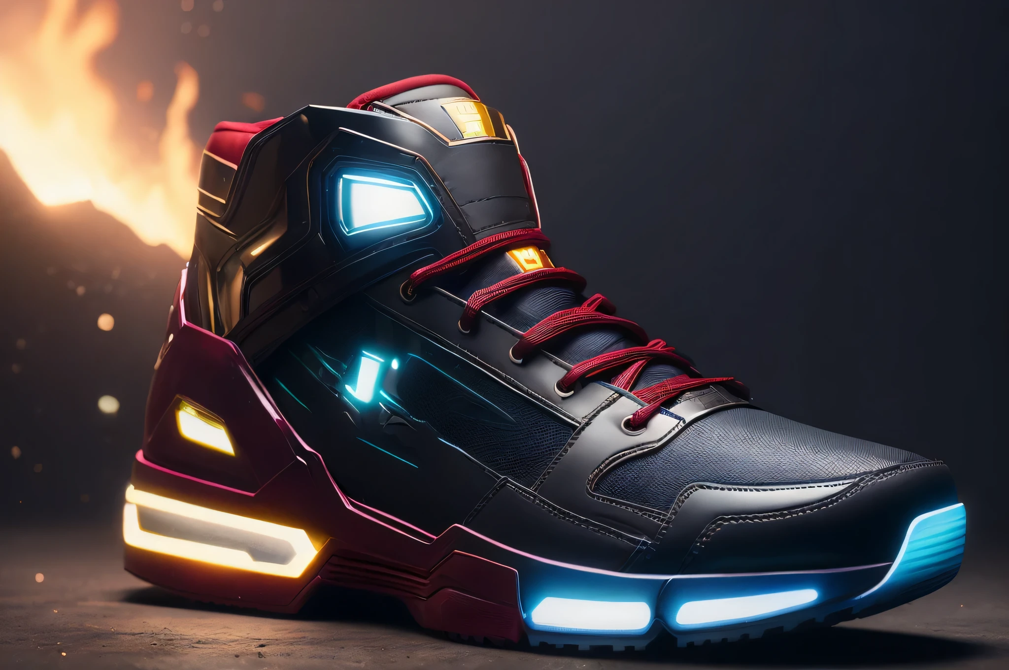product photography of a cybepunk Ironman sneakers, epic render, octane, atmosphere, particles, soft volumetric lightacklit:1.3), (cinematic:1.3), intricate details, (ArtStation:1.3)