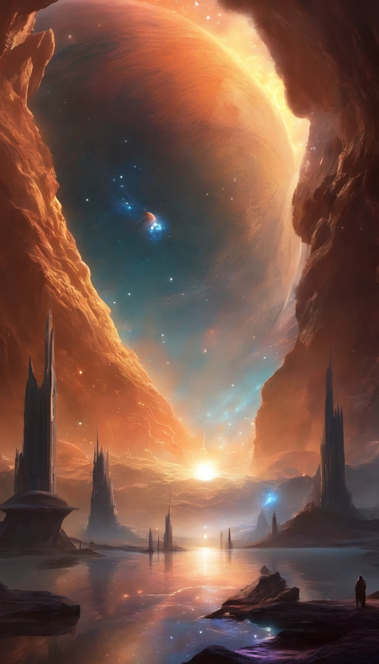 ((masterpiece)),(best quality)),Magnificent space image scene,planet,Interstellar,((Huge star gates)),black hole,(((huge starship))),spaceship,Shining starry sky,8k,Super fine,high quality