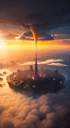 (Best quality,4K,8K,A high resolution,Masterpiece:1.2),Ultra-detailed,(Realistic,Photorealistic,photo-realistic:1.37),Futuristic floating cities ,Futuristic technology,Huge high-tech tablet platform,Airships,Floating in the sky,Futuristic city,Small airships around,High-tech hemispherical platforms, city floating on lots of clouds thunderstorm and lightning, city on top of clouds severe lightning, clouds at bottom with extreme lighting and thunderstorm, golden yellow tones , late sunset, hot weather,city floating on desert, summer and thunderstorm and dust clouds, yellow sky, yellow orange clouds, hot summer, multiple cities, birds eye view, tornado, wind whirlpool, cities floating in storm, extreme thunderstorm