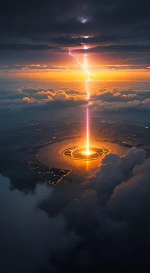 (Best quality,4K,8K,A high resolution,Masterpiece:1.2),Ultra-detailed,(Realistic,Photorealistic,photo-realistic:1.37),Futuristic floating cities ,Futuristic technology,Huge high-tech tablet platform,Airships,Floating in the sky,Futuristic city,Small airships around,High-tech hemispherical platforms, city floating on lots of clouds thunderstorm and lightning, city on top of clouds severe lightning, clouds at bottom with extreme lighting and thunderstorm, golden yellow tones , late sunset, hot weather,city floating on desert, summer and thunderstorm and dust clouds, yellow sky, yellow orange clouds, hot summer, multiple cities, birds eye view, tornado, wind whirlpool, cities floating in storm
