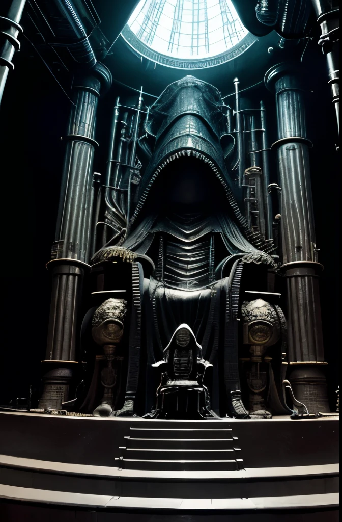low-angle view of 3/4 and an ominous creature seated on a throne {{ H.R Giger }} surrounded by pipes and cables {{ Realistic, highly detailed science fiction atmosphere }}