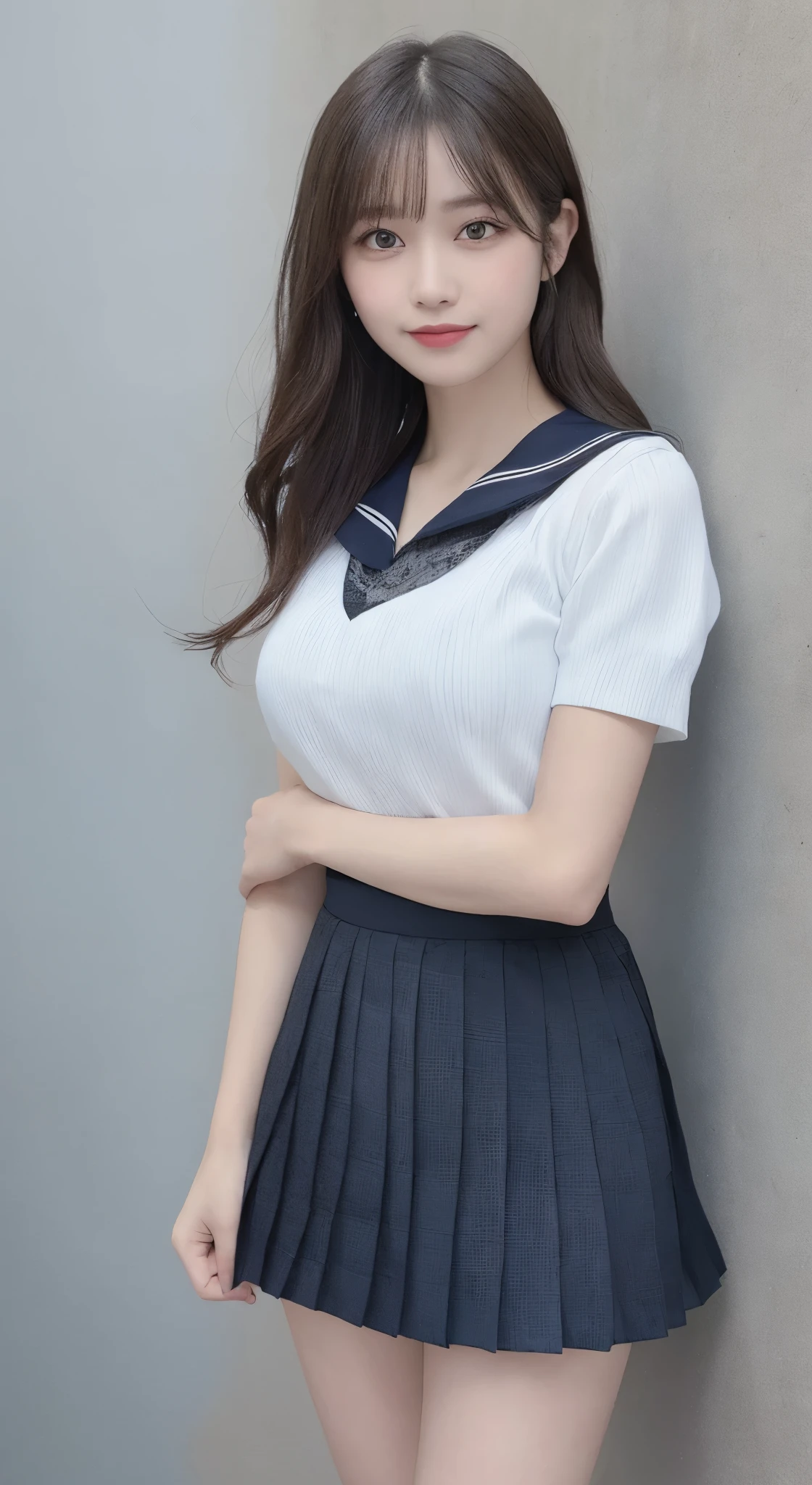 masutepiece, Best Quality, Illustration, Ultra-detailed, finely detail, hight resolution, 8K Wallpaper, Perfect dynamic composition, Beautiful detailed eyes,Medium Hair, Natural Color Lip, Smile, 20 years girl, studio, standing, (full body), dark grey background wall, (((body facing front))), ((front view))), (((White short-sleeved sailor suit, Pleated skirt with dark blue check)))