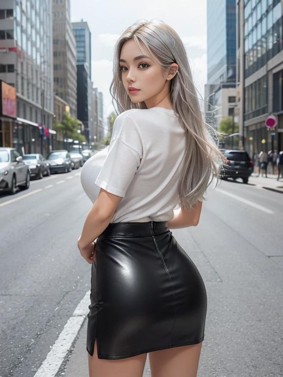 8K, highest quality, RAW photo,  ultra high resolution　silver blonde　silver hair　cool beauty　thin eyebrows　alone　droopy eyes　glamorous mouth　　knit shirt　Black Leather Mini Skirt　Sparkling　city　Beauty in return　Rear view　huge breasts　Huge valley　beautiful butt　avoid exposure as much as possible　Show whole body