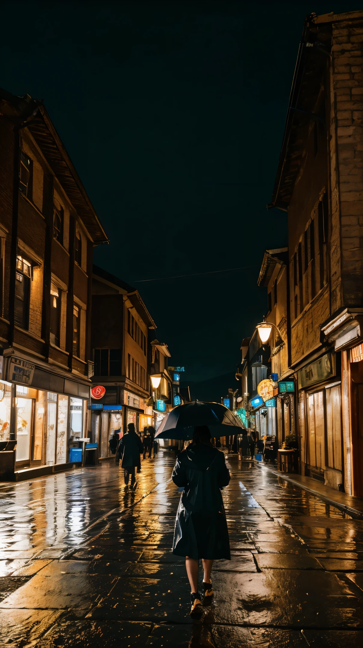 A girl with glasses, no makeup, long brunette hair, brown eyes, perfect eyes, 30 years old, detailed beautiful and mysterious face, wearing long dark brown classic old Raincoat, veil BREAK. Walking Carefully BREAK. In 1960s, on the street of old city at rainy night BREAK. Background blurred running peoples are avoiding rain BREAK. Minimung lighting of streets lamps BREAK long distance shot, full body shot BREAK, chalm, highly realistic, super detailed subject, perfectly, proportional, UHD, 8k Resolution, artistic, masterpiece, gloomy, BREAK 