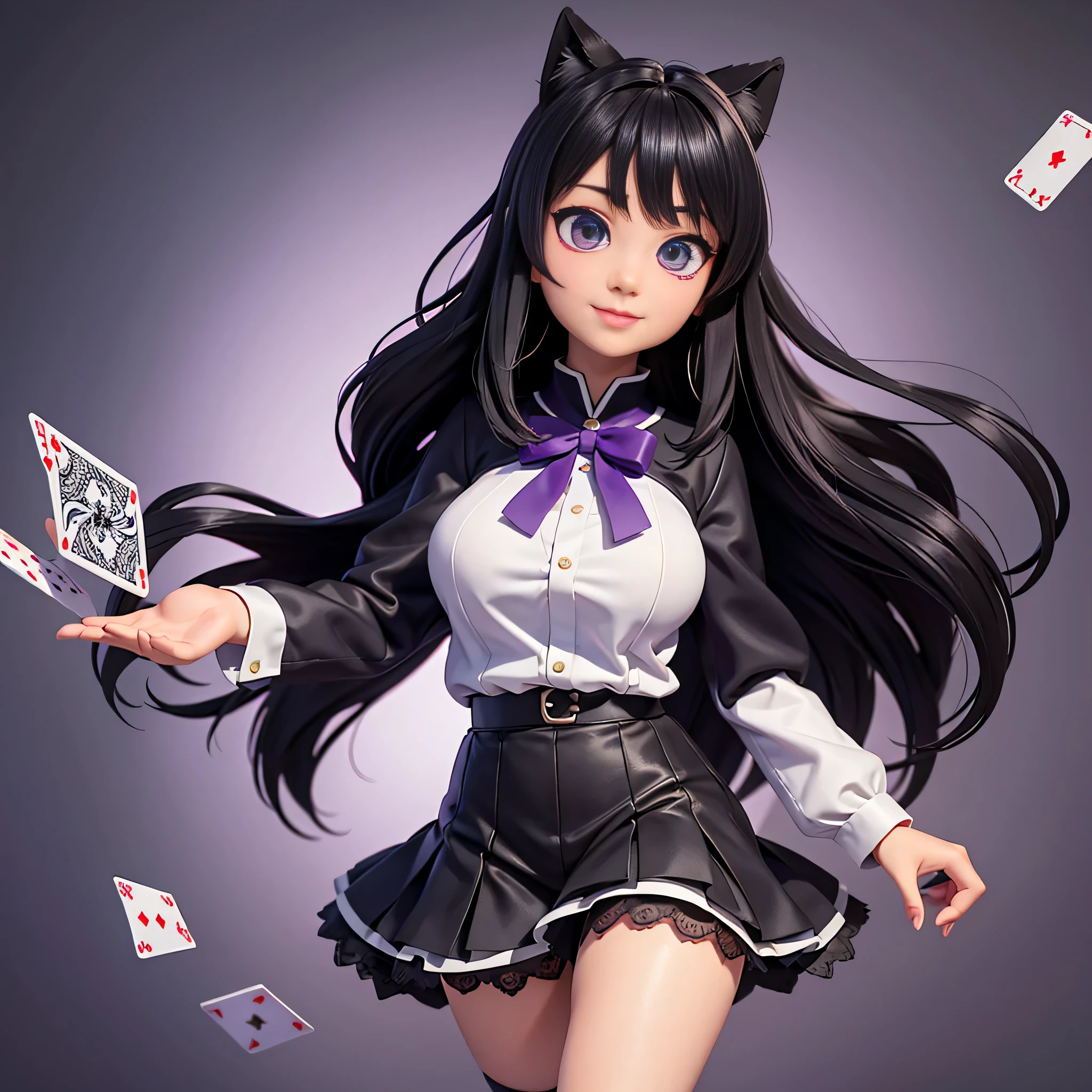 一个有着猫耳朵的女孩穿着black tights,8k highly detailed, casual games, , 3D art style, Full body image,White background,big eyes,black hair,cute,Playing cards in hand,solid color background,long hair,smile slim,White skin,,purple eyes,plump big breasts,black tights