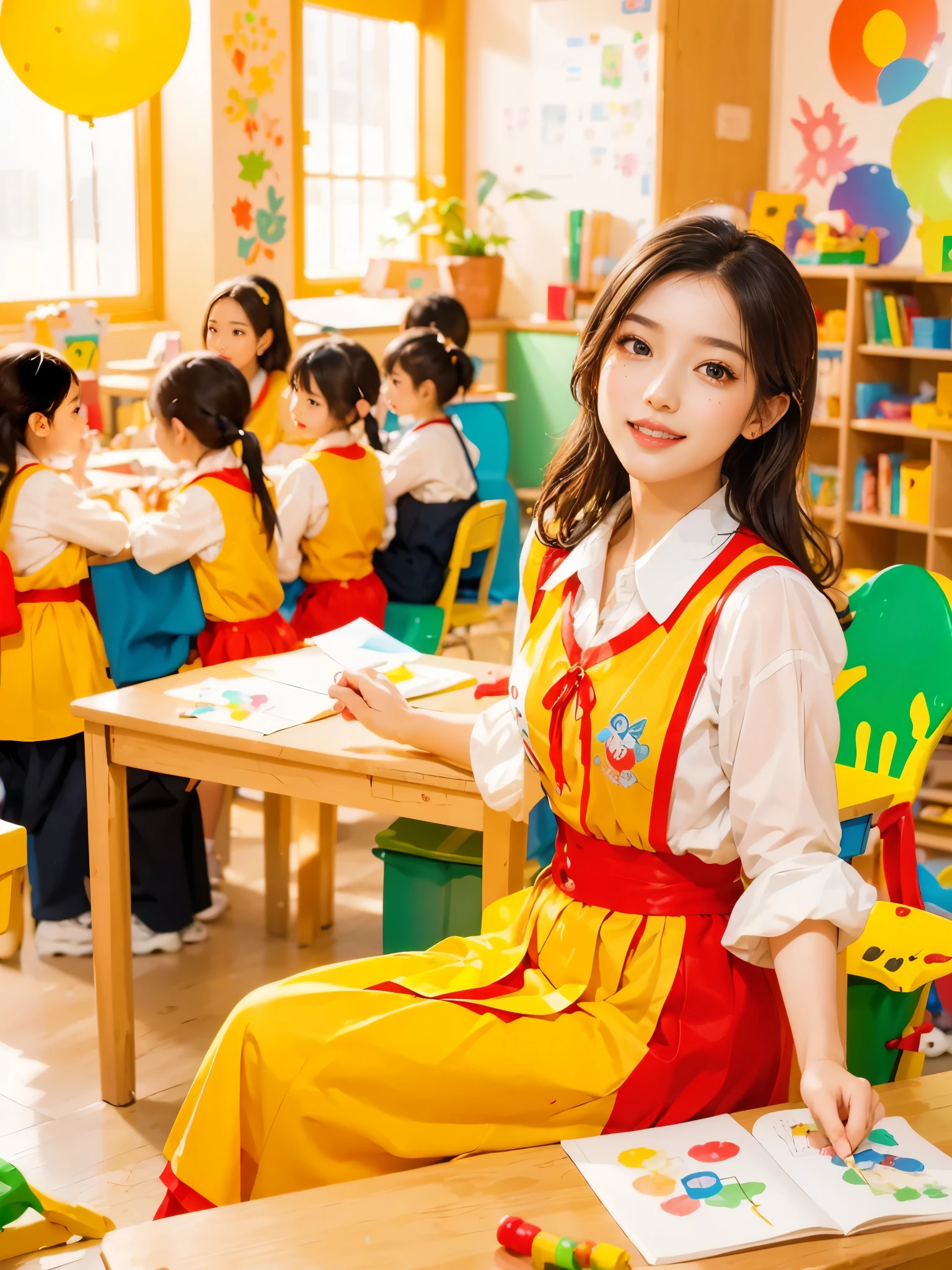 A continuation of the charming and cute depiction of a dream girlfriend as a kindergarten teacher, focusing on her photogenic and picturesque qualities. She displays a radiant smile, exuding a sense of spring warmth and happiness, uplifting the spirits of everyone, especially children. As an embodiment of wisdom, beauty, and diligence, she interacts playfully with the children in the colorful and vibrant kindergarten classroom. She is wearing a cute, professional outfit suitable for a teacher, with her hair styled in a simple, charming manner. The classroom is filled with educational toys, colorful decorations, and children's artwork, creating a joyful and lively atmosphere. The scene captures her engaging presence, showcasing her as a delightful, intelligent, and adorable kindergarten teacher., (花卉水彩画:1.5),(Super high saturation, bright and vivid colors:1.5), (nsfw), (正面看着观众:1.5)