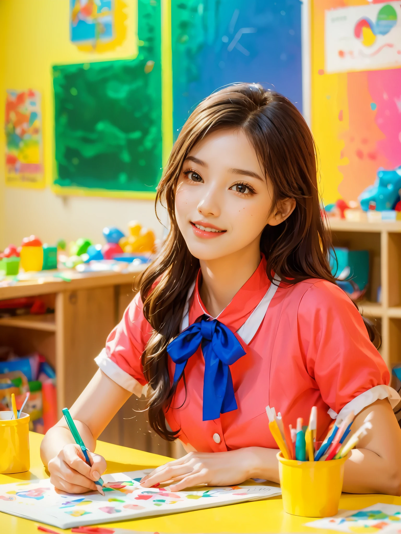 A continuation of the charming and cute depiction of a dream girlfriend as a kindergarten teacher, focusing on her photogenic and picturesque qualities. She displays a radiant smile, exuding a sense of spring warmth and happiness, uplifting the spirits of everyone, especially children. As an embodiment of wisdom, beauty, and diligence, she interacts playfully with the children in the colorful and vibrant kindergarten classroom. She is wearing a cute, professional outfit suitable for a teacher, with her hair styled in a simple, charming manner. The classroom is filled with educational toys, colorful decorations, and children's artwork, creating a joyful and lively atmosphere. The scene captures her engaging presence, showcasing her as a delightful, intelligent, and adorable kindergarten teacher., (花卉水彩画:1.5),(Super high saturation, bright and vivid colors:1.5), (nsfw), (正面看着观众:1.5)