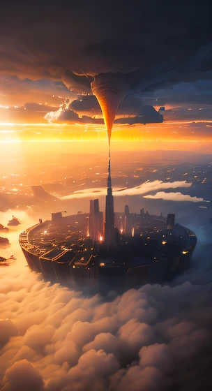 (Best quality,4K,8K,A high resolution,Masterpiece:1.2),Ultra-detailed,(Realistic,Photorealistic,photo-realistic:1.37),Futuristic floating cities ,Futuristic technology,Huge high-tech tablet platform,Airships,Floating in the sky,Futuristic city,Small airships around,High-tech hemispherical platforms, city floating on lots of clouds thunderstorm and lightning, city on top of clouds severe lightning, clouds at bottom with extreme lighting and thunderstorm, golden yellow tones , late sunset, hot weather,city floating on desert, summer and thunderstorm and dust clouds, yellow sky, yellow orange clouds, hot summer, multiple cities, birds eye view, tornado, wind whirlpool, cities floating in storm, extreme thunderstorm