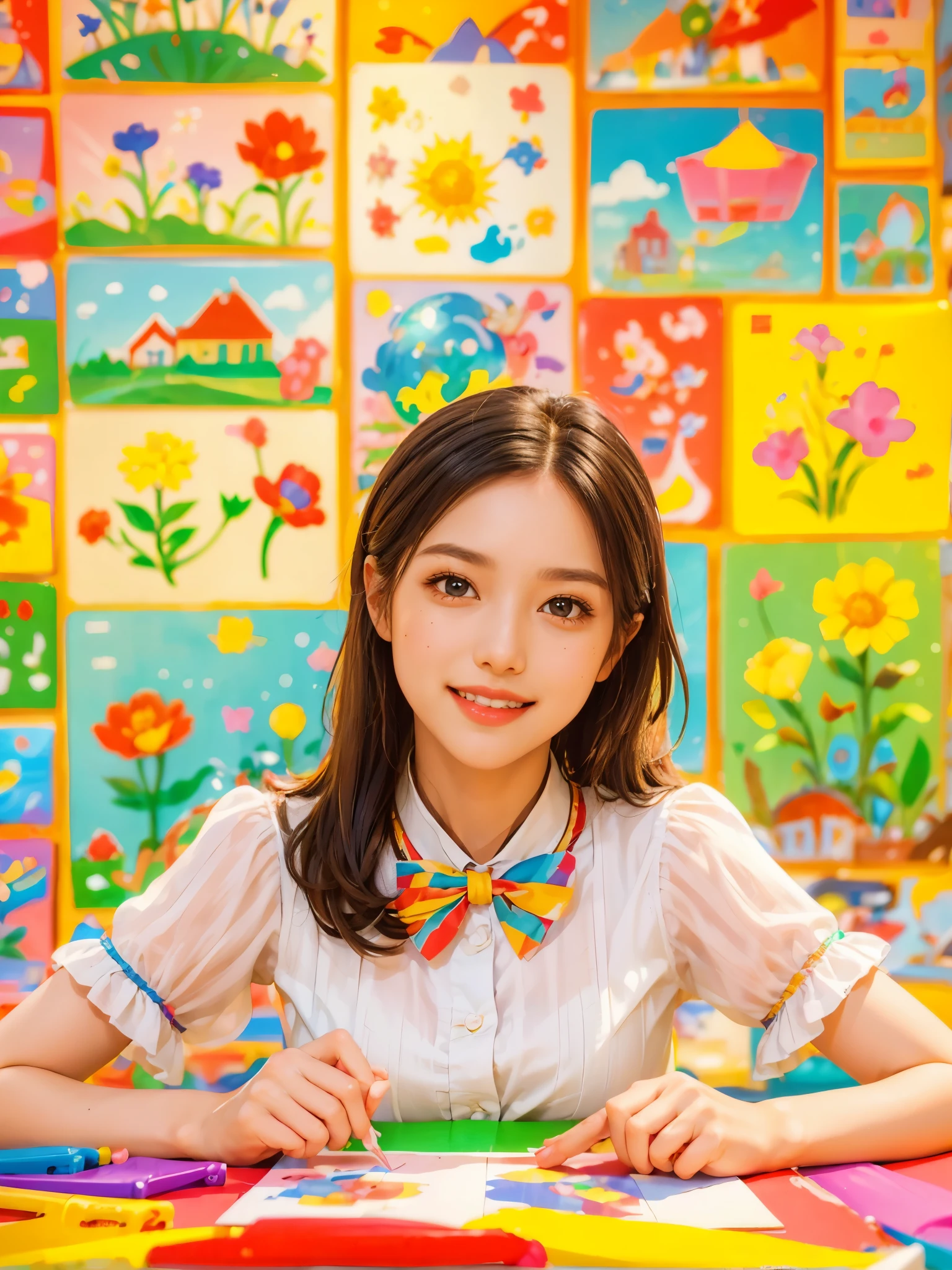 A continuation of the charming and cute depiction of a dream girlfriend as a  teacher, focusing on her photogenic and picturesque qualities. She displays a radiant smile, exuding a sense of spring warmth and happiness, uplifting the spirits of everyone, especially children. As an embodiment of wisdom, beauty, and diligence, she interacts playfully with the children in the colorful and vibrant kindergarten classroom. She is wearing a cute, professional outfit suitable for a teacher, with her hair styled in a simple, charming manner. The classroom is filled with educational toys, colorful decorations, and children's artwork, creating a joyful and lively atmosphere. The scene captures her engaging presence, showcasing her as a delightful, intelligent, and adorable kindergarten teacher., (花卉水彩画:1.5)，(Super high saturation, bright and vivid colors:1.5), (nsfw), (正面看着观众:1.5)