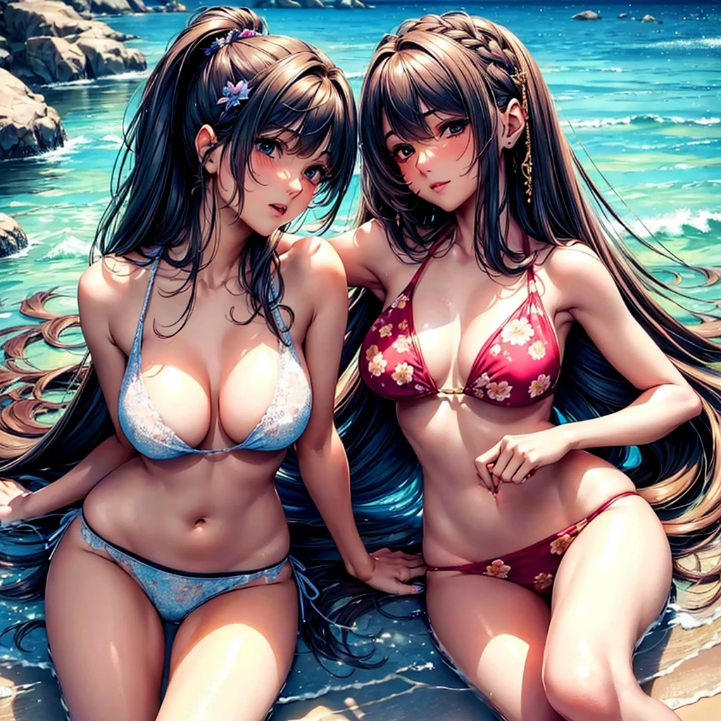 (highest quality,masterpiece,Super high quality),The most beautiful woman in a floral bikini swimsuit,A beautiful face with well-shaped eyes and nose,Her hair is tied back and her bangs are neatly trimmed, while her side hair is left long.,8 heads with a perfect body,(be on a beautiful beach),(Overall image,Accurate composition,accurate image,accurate anatomy,accurate limbs,Image without defects,)