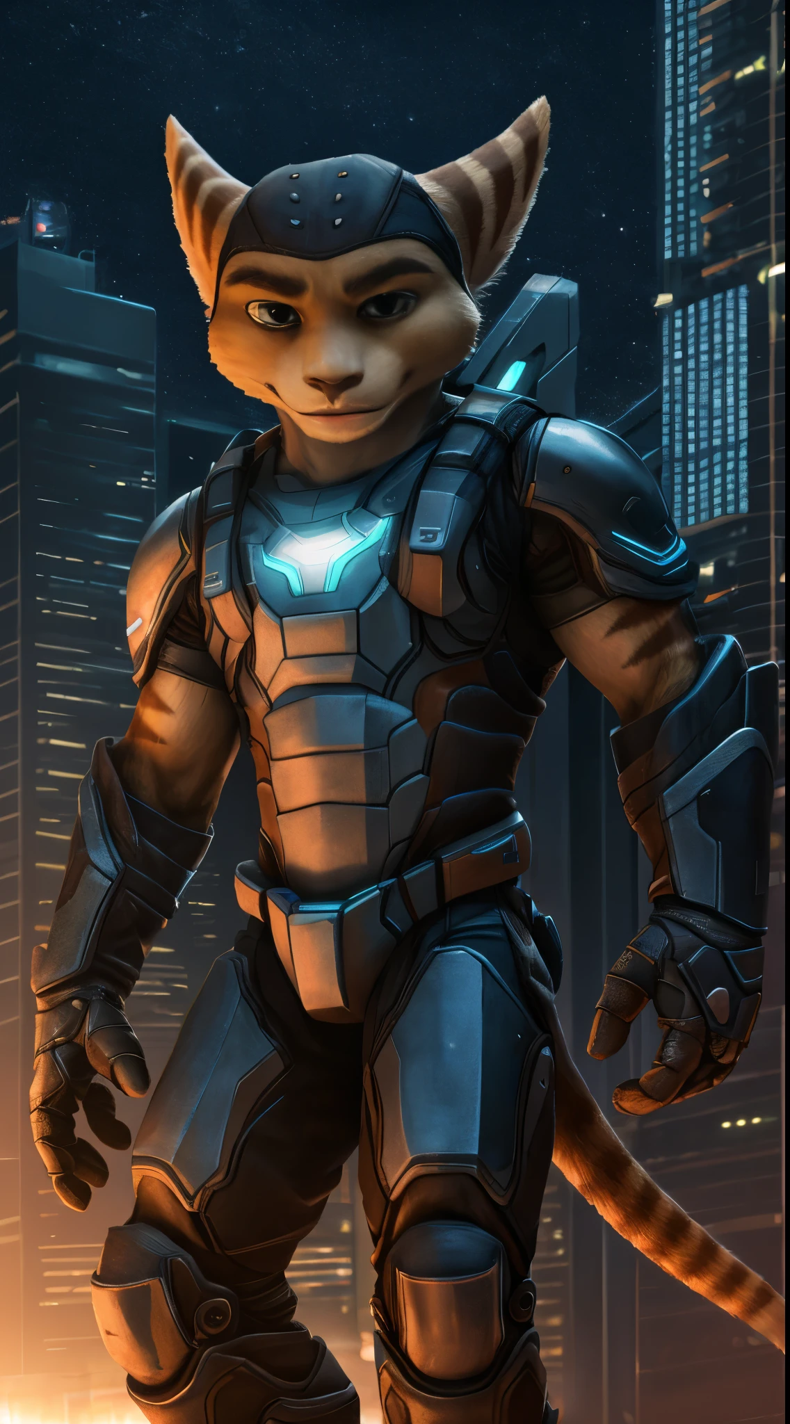 photorealistic, ratchet, , male, anthro, full body, in sci-fi city with skyscrapers at night, (wearing scifi armor:1.2), holding wrench
BREAK
anatomically correct,  detailed face, 1person
BREAK
photorealistic, detailed, realistic, sharp details, octane render, smooth, studio lighting, RAW photo, photorealistic, (masterpiece:1.3), (best quality:1.4), (ultra highres:1.2), HDR, 8k resolution, detailed shading, perfect lighting, dynamic lighting, ultradetailed, (good anatomy),