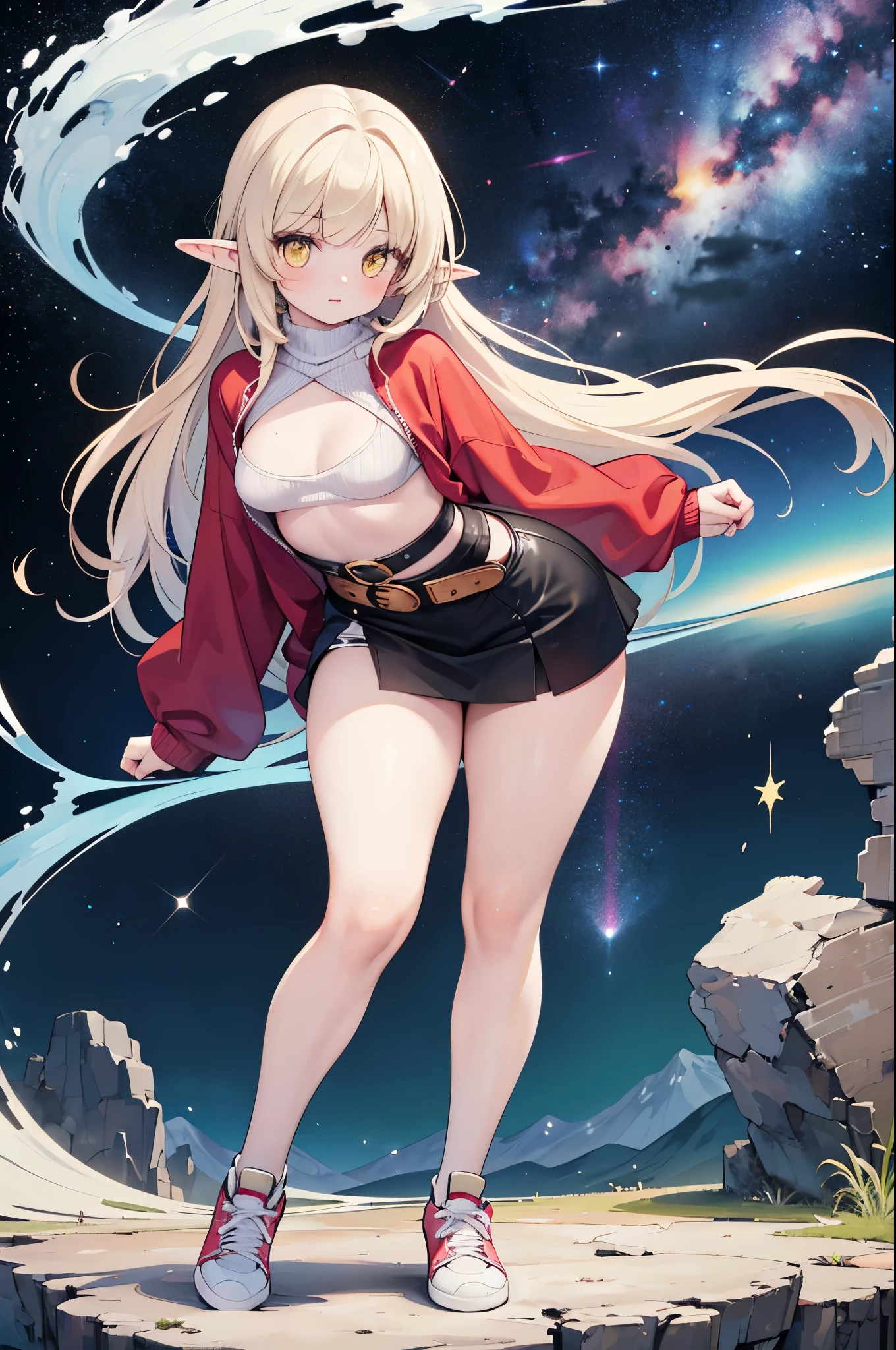 Detailed image, realistic image, coherent image, 1 elf, long ash-colored hair, yellow eyes, oval face, long eyelashes. She is wearing a sweater, mini skirt with a belt, sneakers, small breasts, curvy body, sexy pose, fondi of a starry neck with galaxies on the horizon