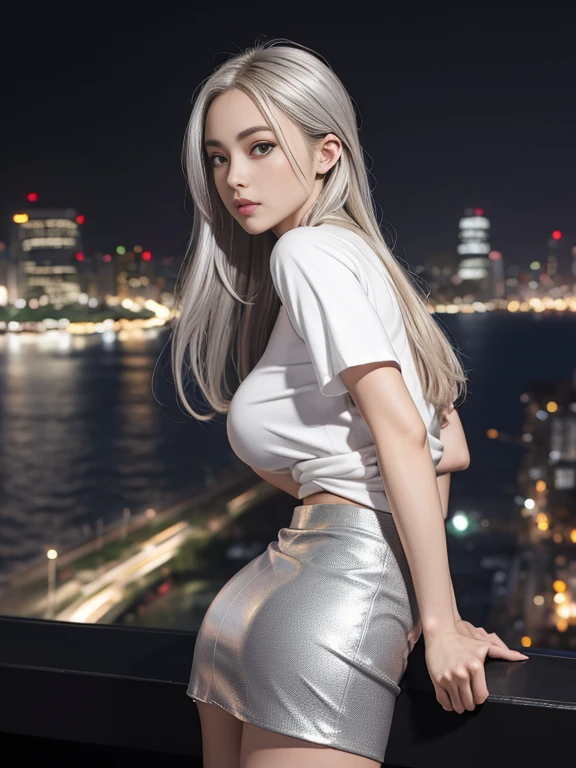 highest quality、8k Masterpiece、超A high resolution、(Photorealistic:1.3)、RAW Photos、1 girl、Short silvery white hair、Glowing Skin、1. Super-beautiful Cyberpunk Soldiers、((Ultra-Realistic Details))、Portrait、Global Illumination、Shadow、Octane Rendering、8k、Super sharp、Beautiful breasts、Metal、Cold colors、、Very intricate details、Realistic Light、CGSoation Trend、Beautiful Eyes、Shining Eyes、To the camera、Neon Details、20age、Too beautiful face、Intelligence、Obscene、Sexy、Moe、smile、whole body、Healthy Body、Manhattan at night in the background、Helipad on a high-rise building、love、Long Hair、Charm、mischievous、More sexy、Hands on chest、Make your background more vibrant、White Party Dress、Future、Angle to toes、Whiter skin、White High Heels、Standing posture、More realistic facial features、smile、Retrospective、wide shot、full body、Silver charm on the ankle、