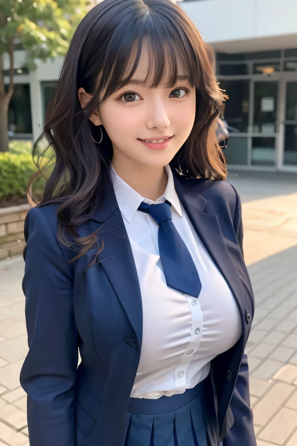 8K, highest quality, real image, intricate details, Super detailed, ultra high resolution, depth field,(realistic,realistic:1.2),table top , frontal shot , From the middle , 1 girl, eye_Chan, very beautiful 17 year old girl, innocent big eyes,、beautiful breasts:1.5、非常に詳細なeye:1.2)、(beautiful breasts:1.1)、wavy hair、white teeth、black hair、curly hair、bangs、, perfect skin, Fair skin, huge breasts, She caresses her breasts over her clothes.、smile、満面のsmile、cleavage, tight waist, light blush, alone, looking at the viewer, ((School_uniform),(dark blue blazer), (white shirt、Wearing a tie), (gray pleated skirt), (sculpture installation :1.1)