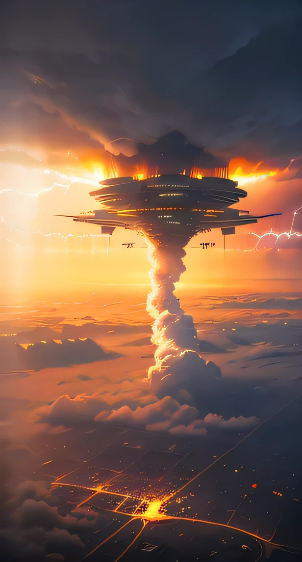 (Best quality,4K,8K,A high resolution,Masterpiece:1.2),Ultra-detailed,(Realistic,Photorealistic,photo-realistic:1.37),Futuristic floating cities ,Futuristic technology,Huge high-tech tablet platform,Airships,Floating in the sky,Futuristic city,Small airships around,High-tech hemispherical platforms, city floating on lots of clouds thunderstorm and lightning, city on top of clouds severe lightning, clouds at bottom with extreme lighting and thunderstorm, golden yellow tones , late sunset, hot weather,city floating on desert, summer and thunderstorm and dust clouds, yellow sky, yellow orange clouds, hot summer, multiple cities, birds eye view, tornado, wind whirlpool, cities floating in storm, extreme thunderstorm, dense clouds
