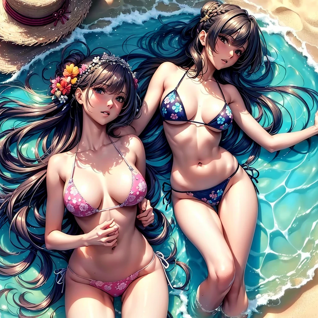 (highest quality,masterpiece,Super high quality),The most beautiful woman in a floral bikini swimsuit,A beautiful face with well-shaped eyes and nose,Her hair is tied back and her bangs are neatly trimmed, and her side hair is trimmed to a suitable length.,8 heads with a perfect body,(be on a beautiful beach),(Overall image,Accurate composition,accurate image,accurate anatomy,accurate limbs,Image without defects,)