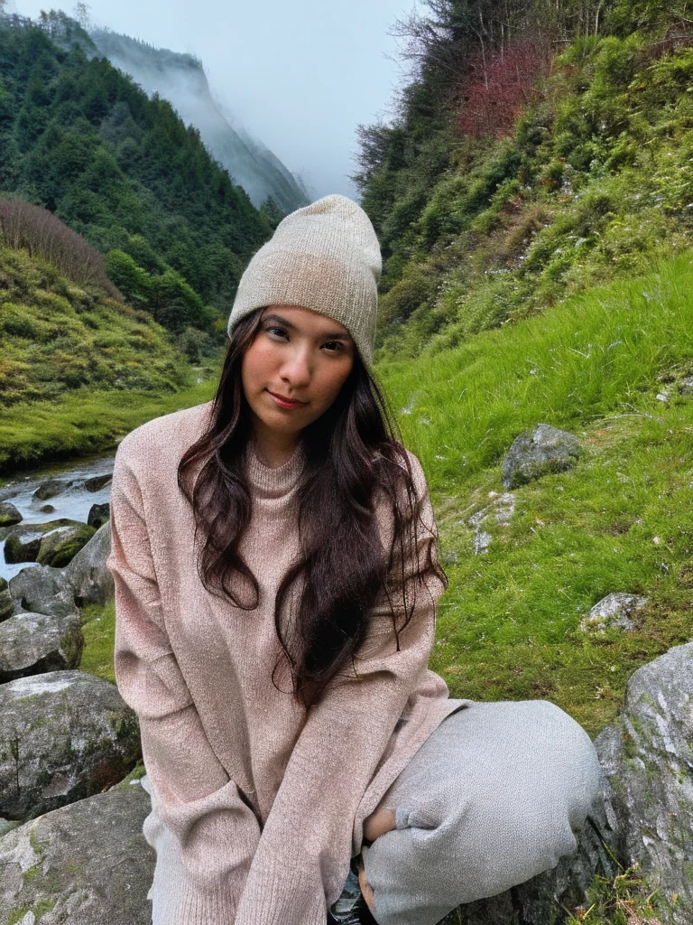 photograph, 美しい女性のphotograph, Self snap, Upper body, alone, Wearing a pullover, outdoor, (night), Mountain, real nature, performer, moon, Hilarious, Happy, gloves, sweater, beanie, forest, rock, river, wood, cigarette, fog, looking at the viewer, skin texture, photographグレイン, close, RAWphotograph