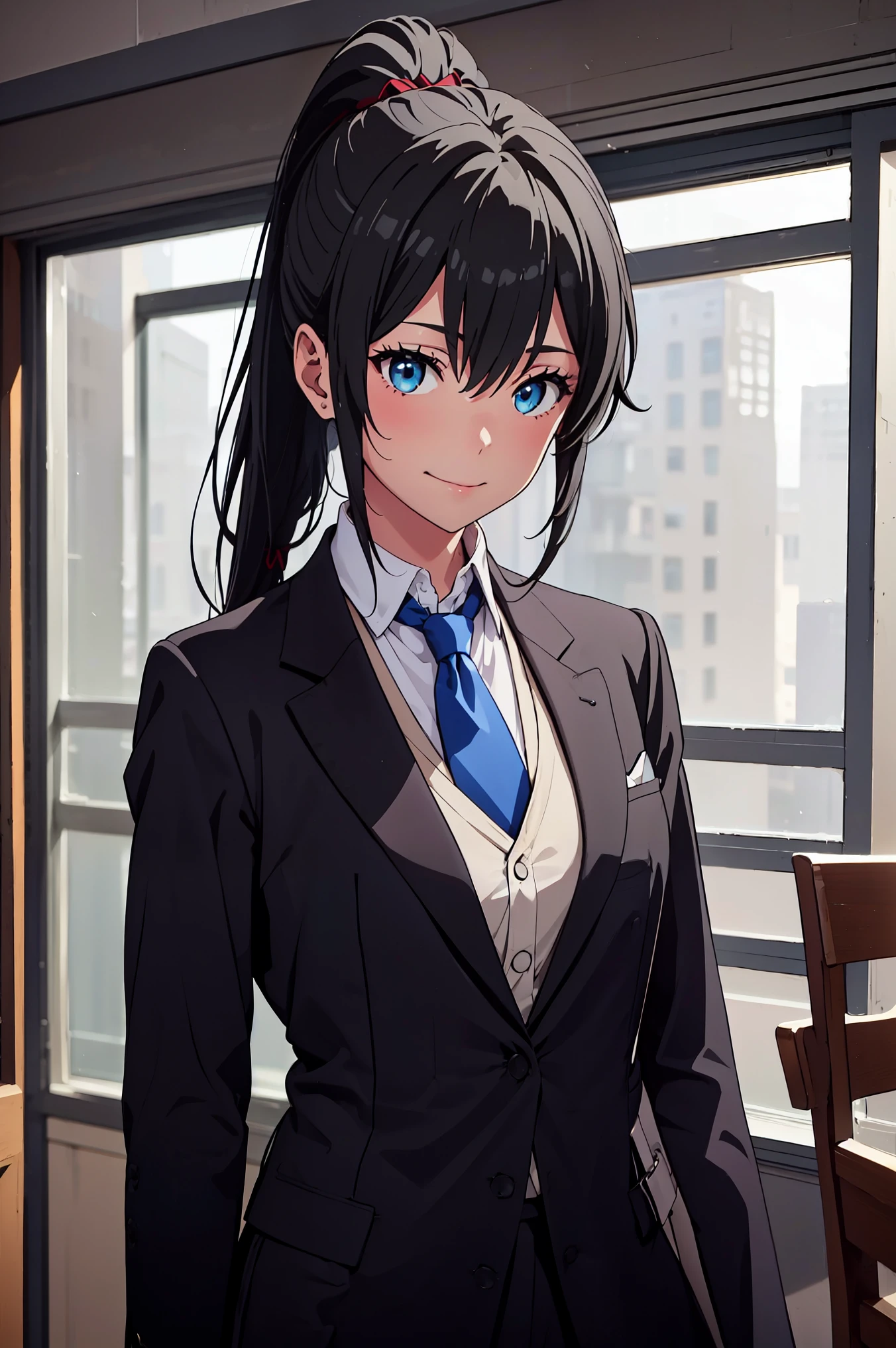 ((best quality)), ((masterpiece)), (detailed) 1girl 1girl, ;\), blurry, blurry_background, breasts, , hair_ponytail ribbon, looking_at_viewer, ok_sign, one_eye_closed, open_hand, Yukinoshita Yukino ,Woman wearing formal clothes, An attractive coat stands in a large gap in the room , 1girl, 独奏, blue necktie, Black hair, eyes blue, long hair, smile , collared shirt, white pants, white shirt , Elegantly designed coat , Stand in front of a window ,Perfectly tailored tailcoat. It has a stunning Victorian design and is made of lustrous fabric