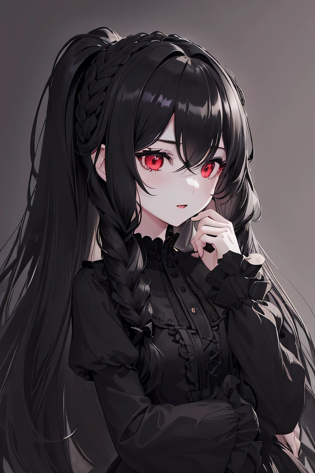 1 girl,Depp's Sense,confused,catch light,Super beautiful illustration,(black color,long hairstyles:1.6),turn around,Gothic ta,Upper body,;d,beautiful and delicate flowing hair,delicate and detailed red eyes,emphasized chest