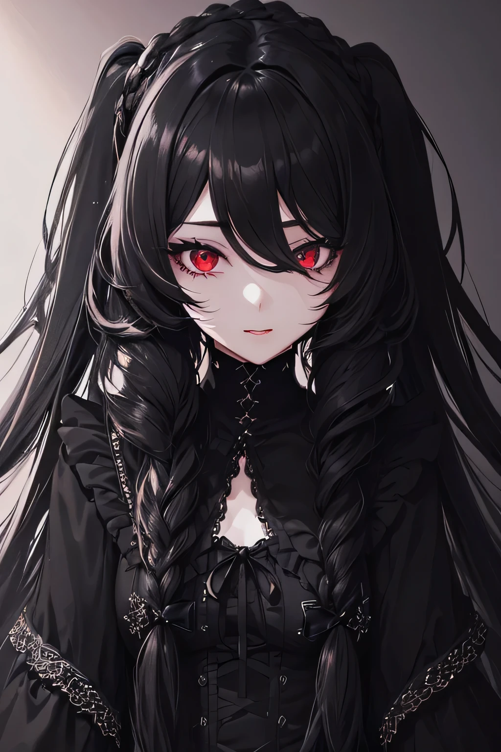 1girl,sense of deps,disorganized,catch light,Super beautiful illustrations,(black color,long hairstyles:1.6),Turn around,dark dark eyeshadow,bright red lipstick,gothic lolita,Upper body,;D,beautiful and delicate flowing hair,Delicate and detailed red eyes