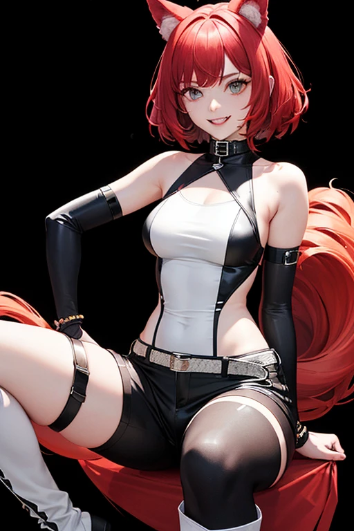(Masterpiece: 1.5, best quality, high resolution: 1.3, super resolution, super detailed, ultra detailed: 1.3, rich background: 1.2, 1 woman)) pale skin + red hair + short hair messy in various directions + amber + eyelashes long and red + feminine body + medium chest + wide hips + fangs + ears and puppy tail (sleeveless neoprene top, high shorts, thigh-high stockings, detailed high boots, dog collar on her neck) ((smiles, sitting squat, black background with white gradient)) (colors for clothing and accessories: silver, black, white, cream, red)