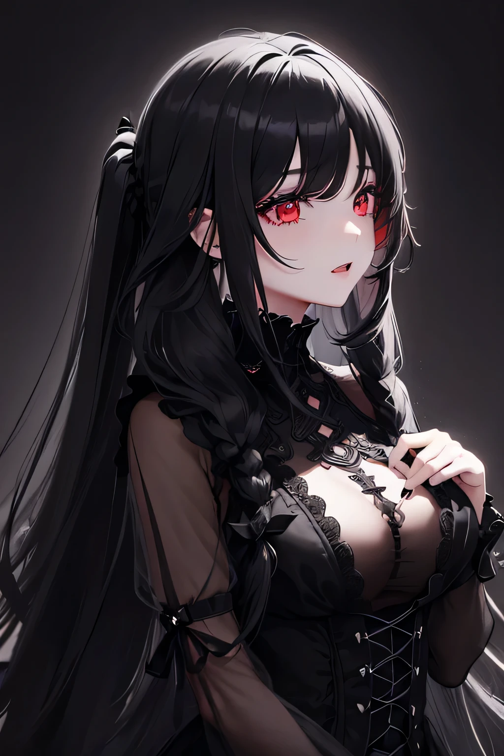 1 girl,Depp's Sense,confused,catch light,Super beautiful illustration,(black color,long hairstyles:1.6),turn around,eye shadow,Gothic ta,Upper body,;d,beautiful and delicate flowing hair,delicate and detailed red eyes,emphasized chest