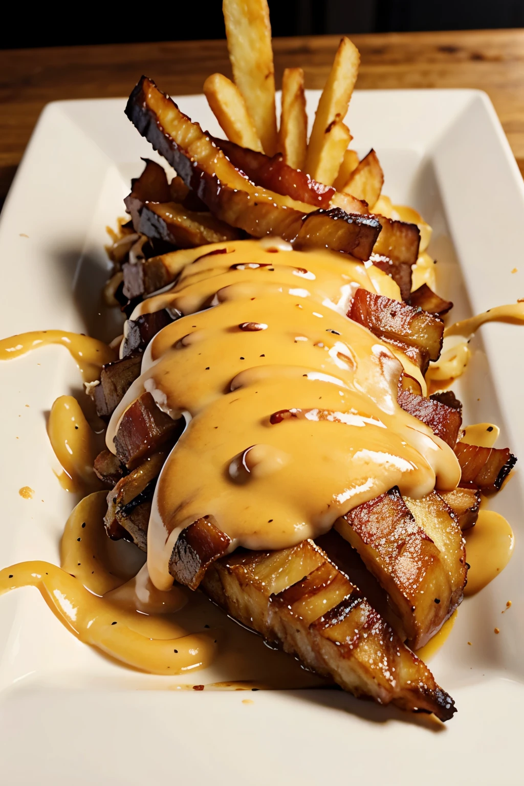 french fries portion, with bacon and melted cheese on top