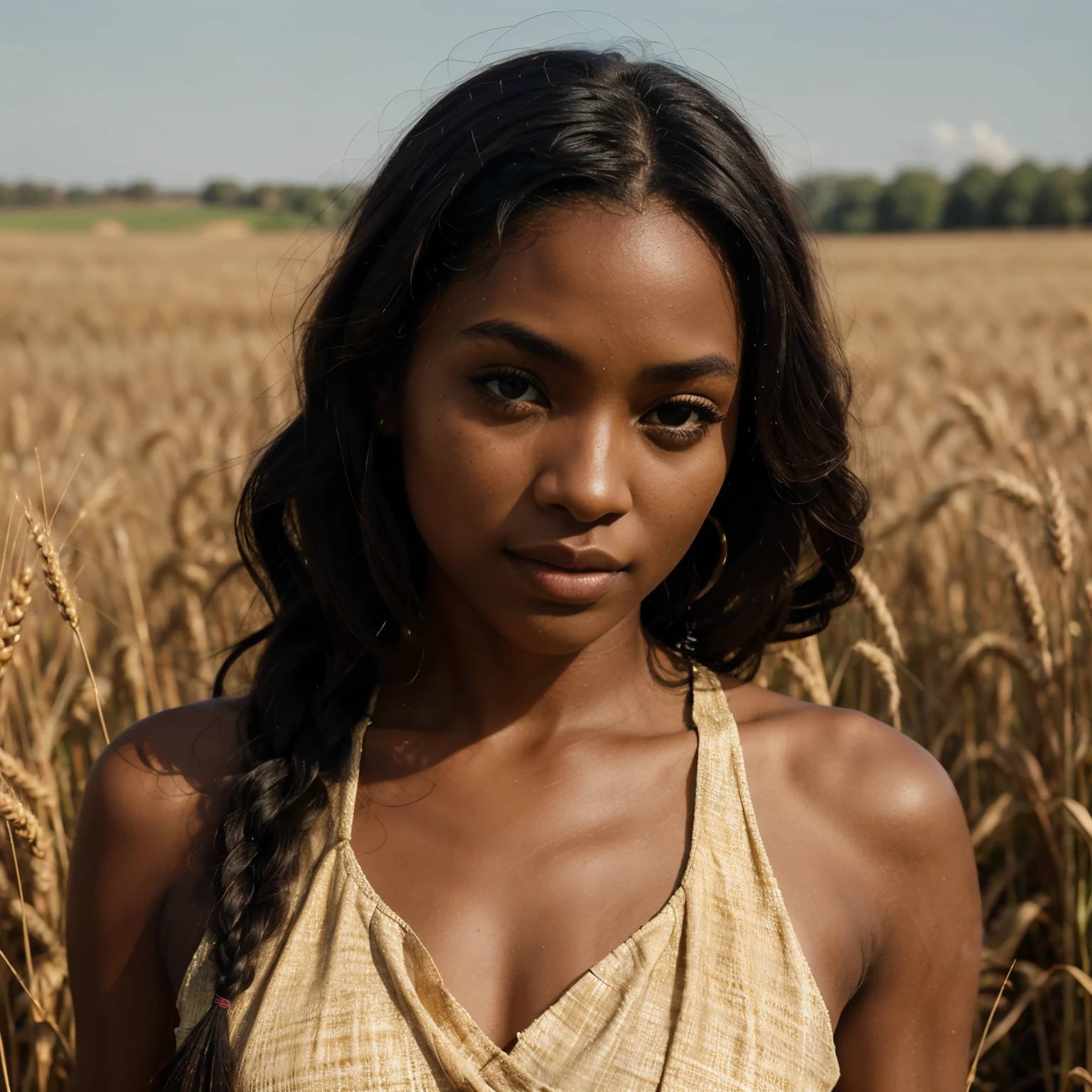 Generate a photorealistic image of a dark-skinned black woman in a wheat field. Her hair is a natural, deep black, styled in defined curls or elegant braids, each detail shining in the sunlight. Her facial features are distinct and richly detailed: eyes are a warm, dark brown, almost ebony, with complex iris patterns; her nose is prominently shaped; and her lips are full and richly toned, with a natural sheen. Her skin is a deep, dark brown, almost ebony, with a realistic texture that reflects the nuances of such a rich complexion under natural sunlight.

She's wearing a dress that contrasts beautifully with the golden wheat field, with a fabric that flows naturally and shows realistic textures, embodying the spirit of the serene outdoor setting.

The wheat field is depicted in lush detail, with tall, golden stalks swaying gently. The background is a wide, clear sky with possible distant natural elements. The lighting is the soft, golden hue of late afternoon, casting gentle shadows and highlighting the colors around her. The focus is sharply on the woman, her dark skin richly rendered against the tranquil, golden backdrop of the wheat field, emphasizing her features and the harmony with nature.