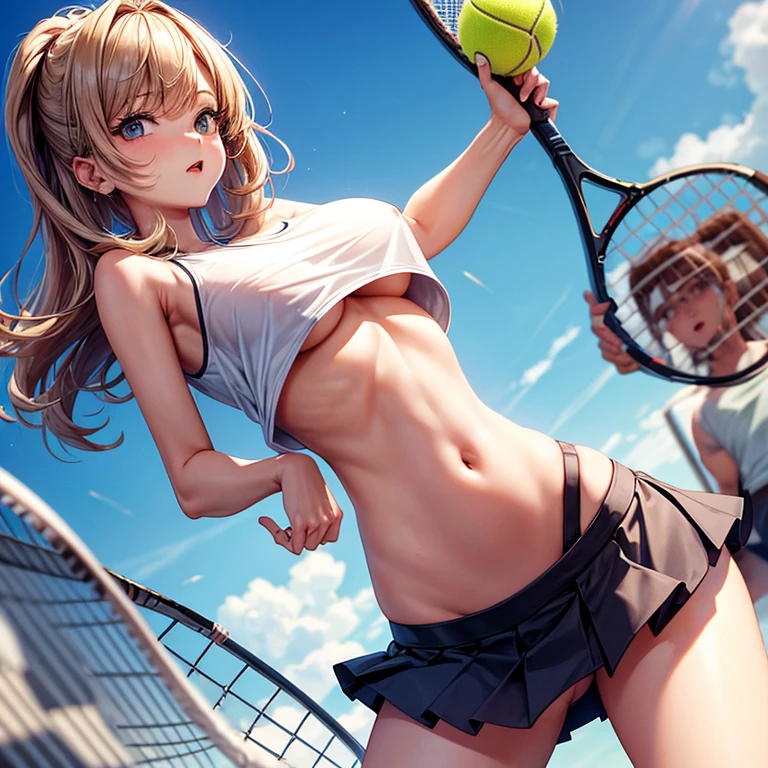 Slim girl with big breast and big butt playing tennis in short skirt with no panty and showing her buthole and wearing small top with no bra the top is only hanging on a small thread