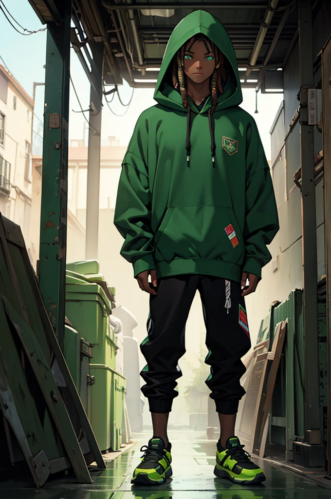 ((Best quality)), ((masterpiece)), top quality), standing alone, dark-skinned, black dreadlocks, green hoodie with hood over head, green eyes, male, green shoes