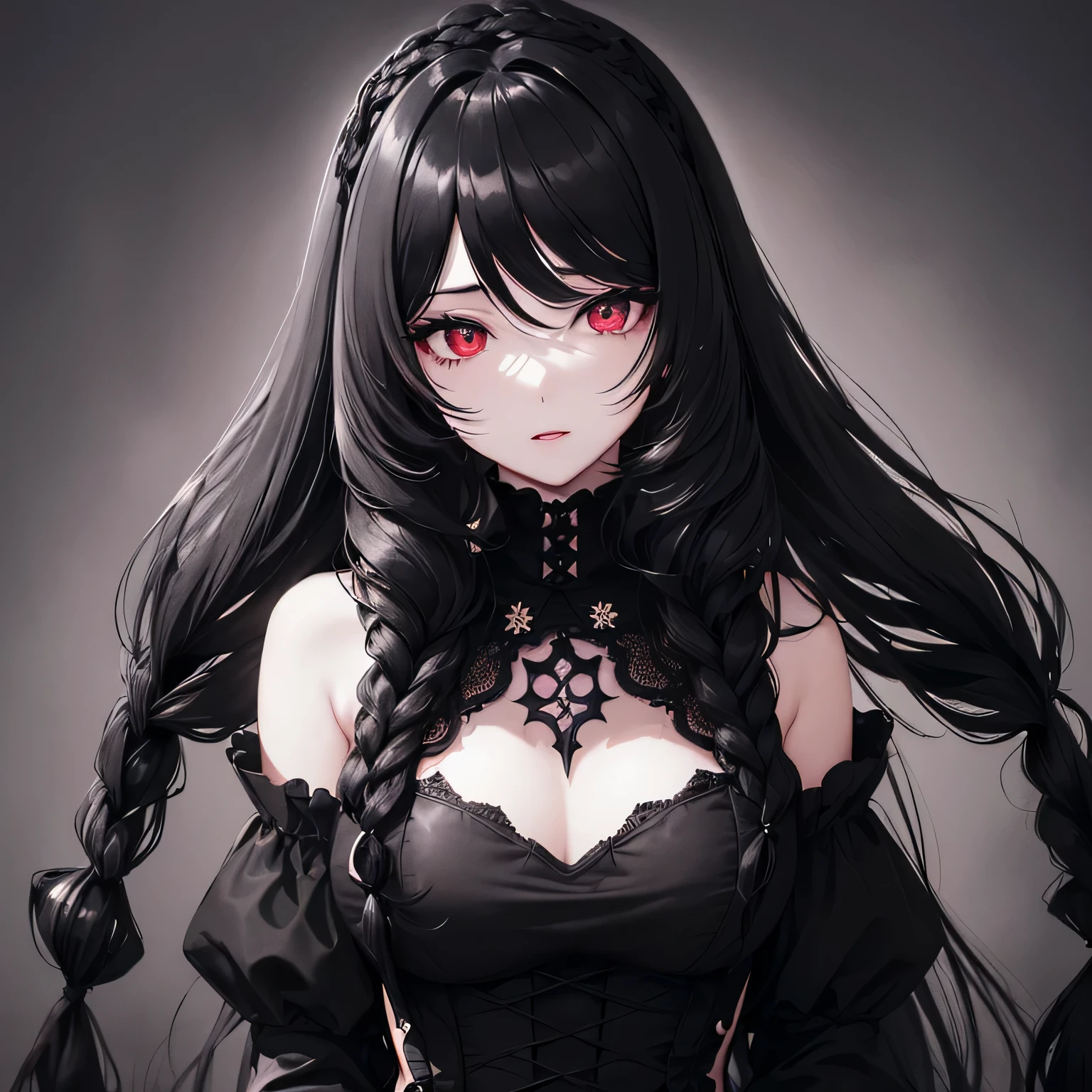 1 girl,Depp's Sense,confused,catch light,Super beautiful illustration,(black color,long hairstyles:1.6),turn around,eye shadow,Gothic ta,Upper body,;d,beautiful and delicate flowing hair,delicate and detailed red eyes,emphasized chest