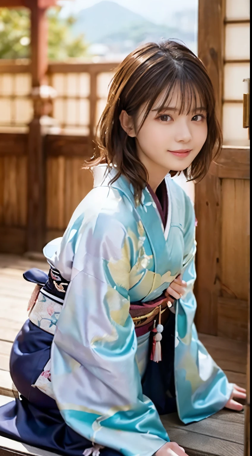highest quality,ultra - detailed,T Masterpiece,hentai realism,photo rare,the lighting is bright,1 girl, Camera color temperature 3800k、very beautiful girl, (cute:1.1),thin smile, (brown eyes),(dark brown hair),(By bangs),perfect shiny shiny skin,perfect skin,((erotic,sexy and sexually explicit)),((accurate pointer,No discomfort)), (((kimono))),thin waist, look at viewer,((big breastsを見せるために着物を捲り上げる)),((big breasts)),(Crawl on all fours with your crotch open),(The fingers are5Book、腕と足は左右一Book)、Japanese-style room with a raised terrace、Black string bread
