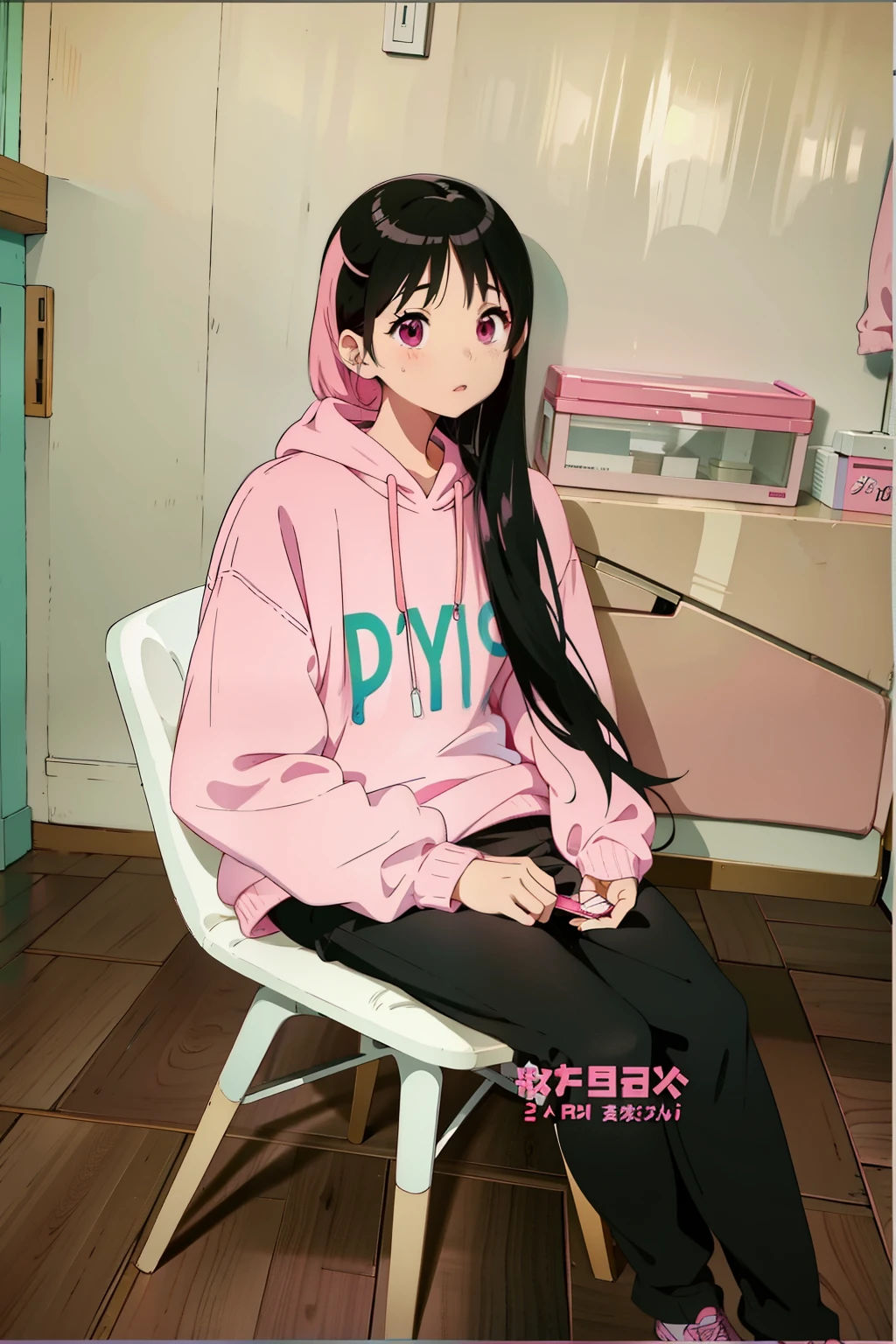 arafed woman sitting in a chair with a pink sweater on, wearing a pastel pink hoodie, Urzan, (pink colors), wearing a pink hoodie, ((pink)), pink clothes, Wearing prison uniforms, pink straight hair, Inspired by Liu Haisu, pastel light pink very long hair, pink pastel, Korean female fashion model, Li Zixin