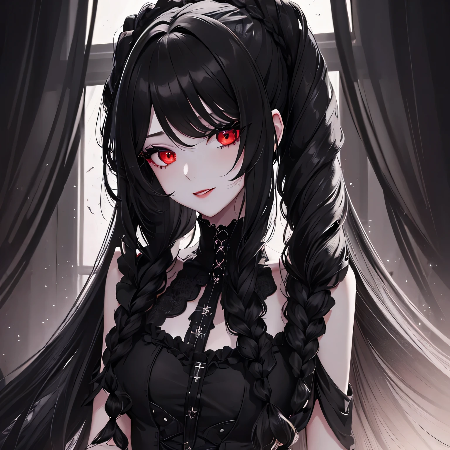Anime girl with long black hair and red eyes - SeaArt AI