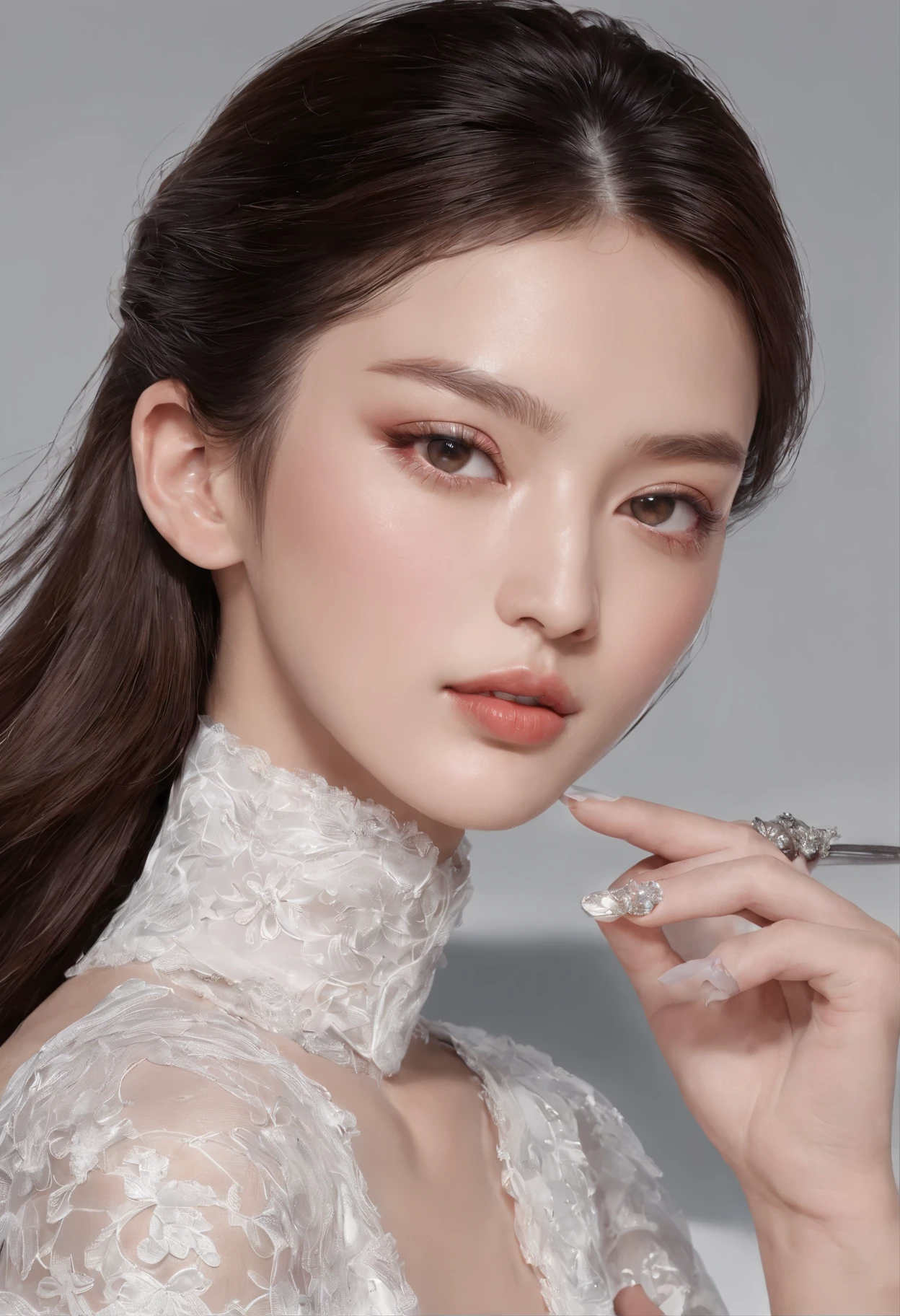 (best quality,1.2),super detailed,(actual,photoactual:1.0),,(male character design), Half body, Staring at the camera, (Handsome Chinese boy Song Yu looks at the camera), (Thick silver curly short hair: 1.1), (curls), (Wearing white gauze clothing), Song Yu&#39;s facial features are correct, His face is symmetrical, His eyebrows are long and thick, slightly upward, His eyes were bright and vibrant, (His lips were rosy and full, slightly upward, His lips were rosy and full), His big sexy mouth, His nose is straight，Does not protrude, His smile is bright and natural, Like a sculpture, perfect. Song Yi has fair and delicate skin, And smooth as white jade, A sense of beauty appears on the skin. health and radiance, Gives people a fresh and pure feeling, His cheeks flushed slightly (Inspired by young actress Audrey Hepburn),,background：(snowflake,ocean,stellar) background with snowflakes,swirling mist，Star,long shot,The texture of the photo，fashion show photos,(full-body shot),Gisele Bundchen,Adriana Lima,Candice Swanepoel,Supermodel character