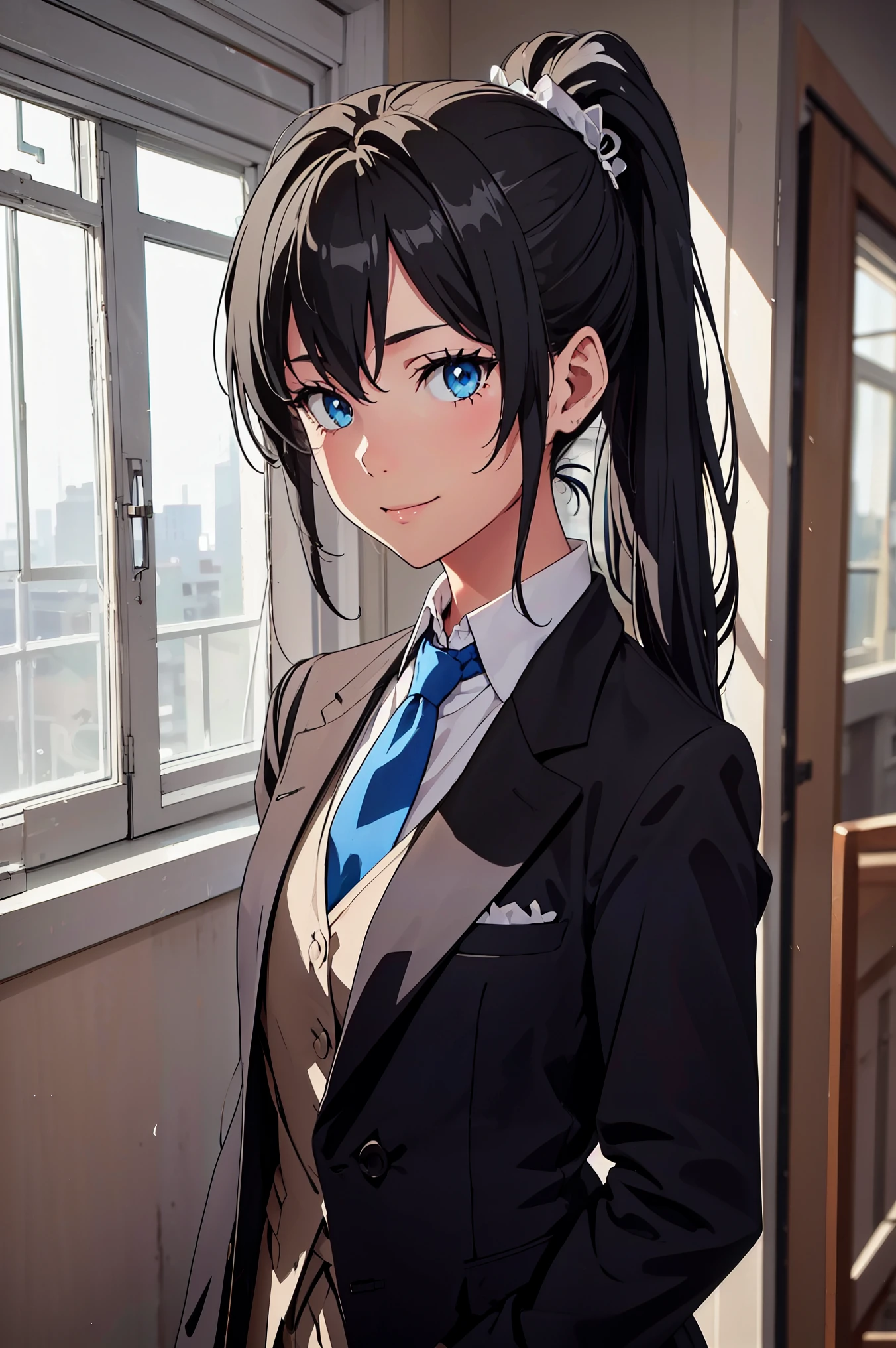 ((best quality)), ((masterpiece)), (detailed) 1girl 1girl, ;\), blurry, blurry_background, breasts, , hair_ponytail ribbon, looking_at_viewer, ok_sign, one_eye_closed, open_hand, Yukinoshita Yukino ,Woman wearing formal clothes, An attractive coat stands in a large gap in the room , 1girl, 独奏, blue necktie, Black hair, eyes blue, long hair, smile , collared shirt, white pants, white shirt , Elegantly designed coat , Stand in front of a window ,Perfectly tailored tailcoat. It has a stunning Victorian design and is made of lustrous fabric