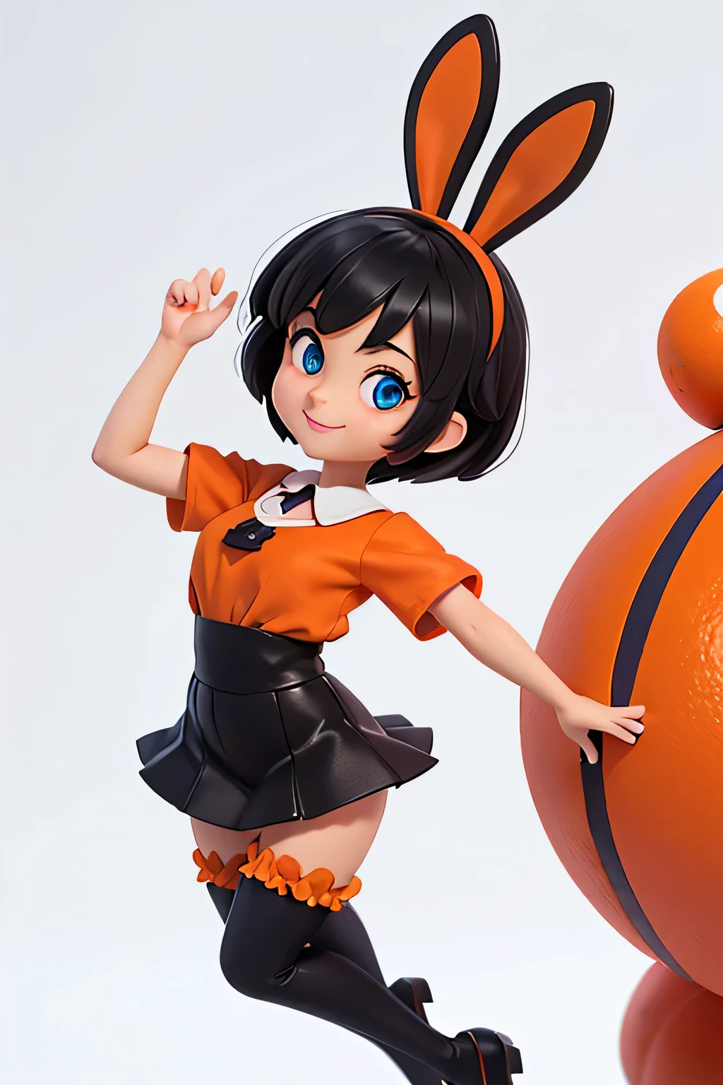one,8k highly detailed, casual games, , 3D art style, Full body image,White background,big eyes,black hair,cute,Orange decoration,mature woman,blue eyes,Detailed depiction,8K resolution,low cut,bunny girl,Smile,orange tights,short hair