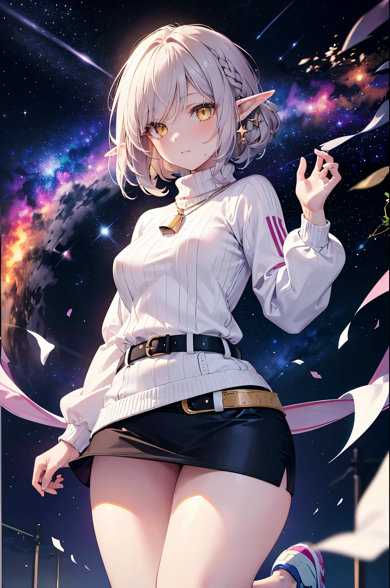 Detailed image, realistic image, coherent image, 1 elf, long ash-colored hair, yellow eyes, oval face, long eyelashes. She is wearing a sweater, mini skirt with a belt, sneakers, small breasts, curvy body, sexy pose, fondi of a starry neck with galaxies on the horizon