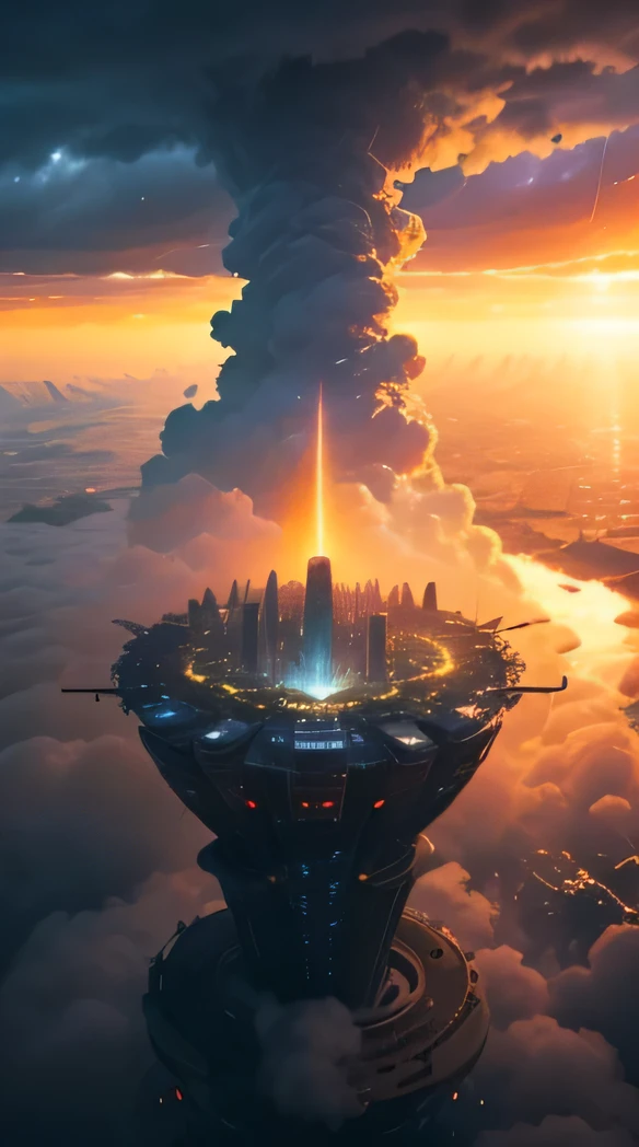 (Best quality,4K,8K,A high resolution,Masterpiece:1.2),Ultra-detailed,(Realistic,Photorealistic,photo-realistic:1.37),Futuristic floating cities ,Futuristic technology,Huge high-tech tablet platform,Airships,Floating in the sky,Futuristic city,Small airships around,High-tech hemispherical platforms, city floating on lots of clouds thunderstorm and lightning, city on top of clouds severe lightning, clouds at bottom with extreme lighting and thunderstorm, golden yellow tones , late sunset, hot weather,city floating on desert, summer and thunderstorm and dust clouds, yellow sky, yellow orange clouds, hot summer, multiple cities, birds eye view, tornado, wind whirlpool, cities floating in storm, extreme thunderstorm