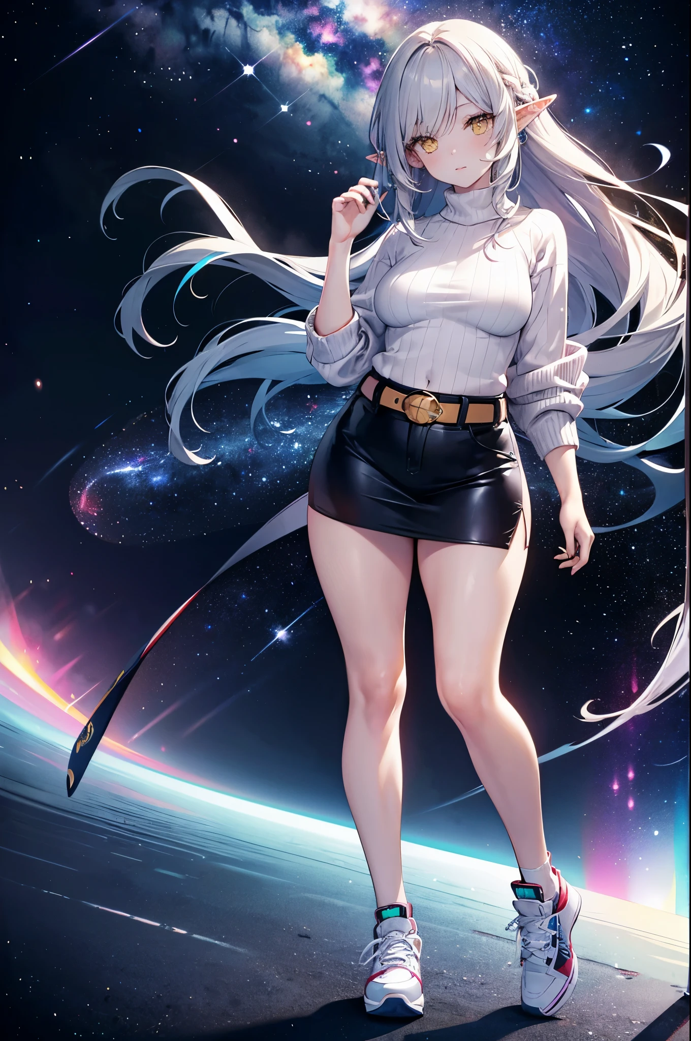 Detailed image, realistic image, coherent image, 1 elf, long ash-colored hair, yellow eyes, oval face, long eyelashes. She is wearing a sweater, mini skirt with a belt, sneakers, small breasts, curvy body, sexy pose, fondi of a starry neck with galaxies on the horizon
