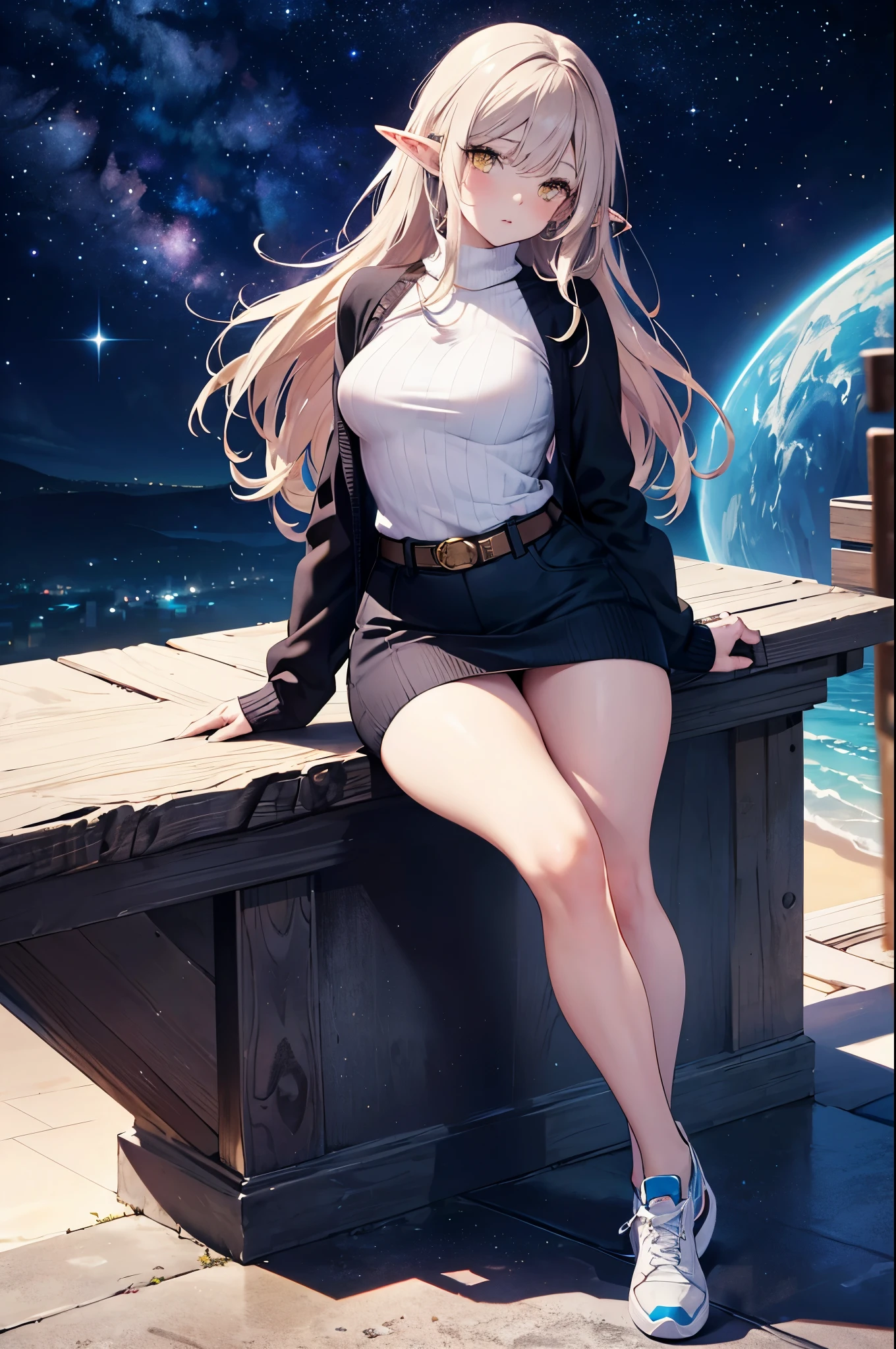 masterpiece, best quality, <lora:sunsensei-nvwls-v1-000008:0.9> sunsensei, gradient hair, sunglasses, eyewear on head, collared shirt, sleeves rolled up, necktie, brown skirt, belt, pantyhose, bracelet, large breasts, nebula, stars, outer space, floating, high heels, looking at viewer, :D