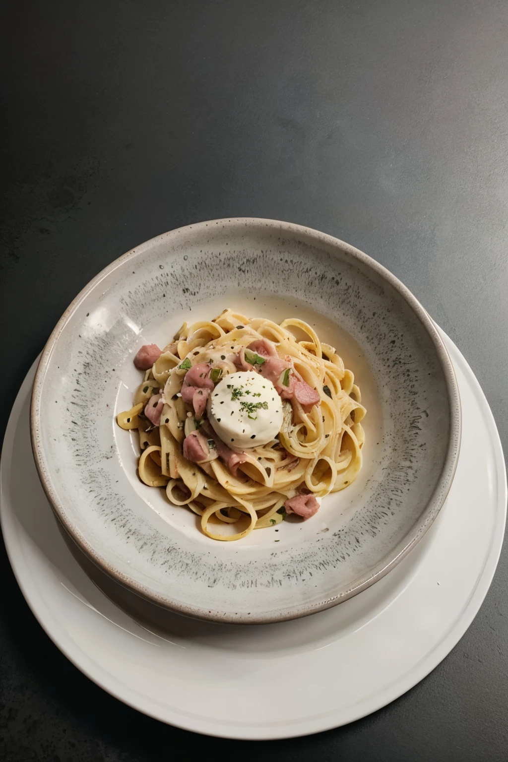 carbonara dish, gray background, in a kitchen, served in a white round plate
