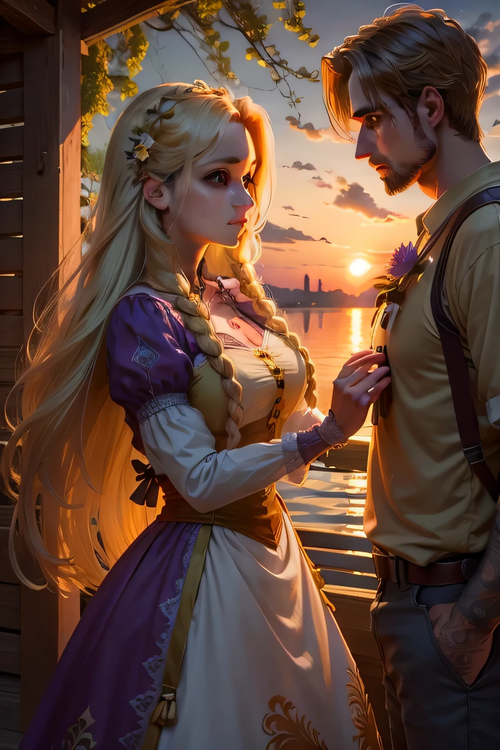 Rapunzel with her boyfriend by the lake, Realistic, ultra-detailed sunset lighting, cenario grama com girassol, borboletas voando