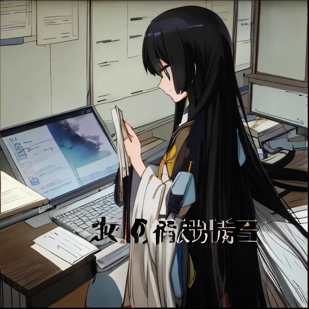 Ms Alafid sits at her desk,Notebook in hand, extra long hair的女孩, Hair is particularly long, very long black hair, extra long hair, very long hair, very long flowing hair, long hair, 这个女人有一头long black hair, Long, flowing hair, long hair女孩, long black hair, long thin black hair