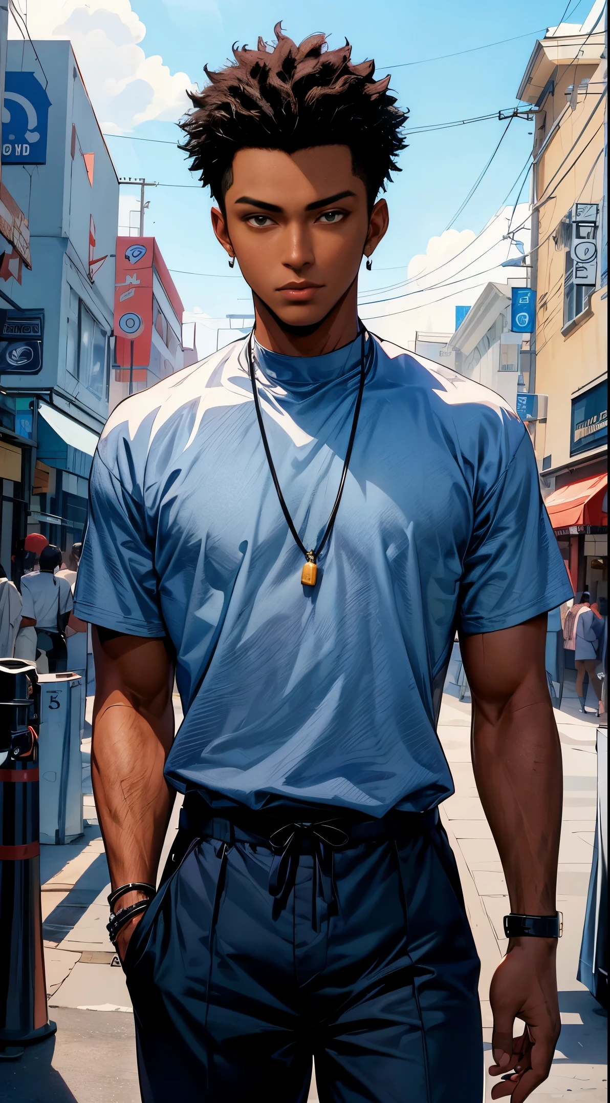 (best quality:1.1),original, 1man,  A handsome man with dark skin, African American man with natural hair, short hair, buzz cut, dressed in blue urban clothes, cartoon，anime illustrations, style is abstract beauty, Sundaratang, charming character illustrations, folklore  --ar 2:3 --v 6.0 