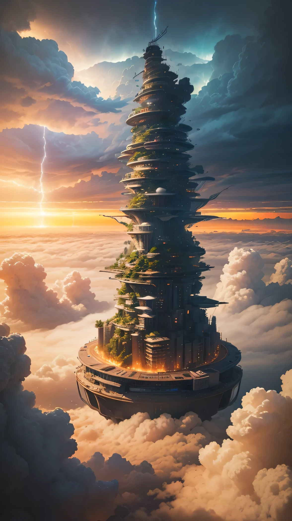 (Best quality,4K,8K,A high resolution,Masterpiece:1.2),Ultra-detailed,(Realistic,Photorealistic,photo-realistic:1.37),Futuristic floating cities ,Futuristic technology,Huge high-tech tablet platform,Airships,Floating in the sky,Futuristic city,Small airships around,High-tech hemispherical platforms, city floating on lots of clouds thunderstorm and lightning, city on top of clouds severe lightning, clouds at bottom with extreme lighting and thunderstorm, golden yellow tones , late sunset, hot weather,city floating on desert, summer and thunderstorm and dust clouds, yellow sky, yellow orange clouds, hot summer, multiple cities, birds eye view, tornado, wind whirlpool, cities floating in storm, extreme thunderstorm