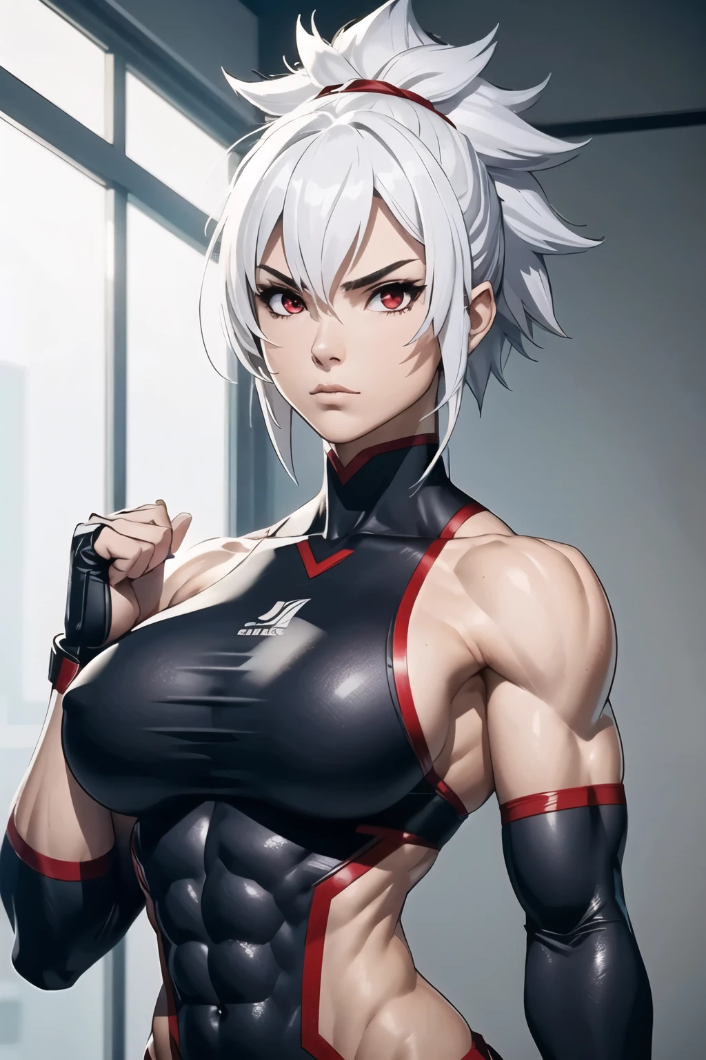 A determined and ambitious bodybuilder warrior, pretty face, serious face, white hair, red eyes, perfect body, fit body, abdomen, big breasts, muscular, who fights to become the strongest