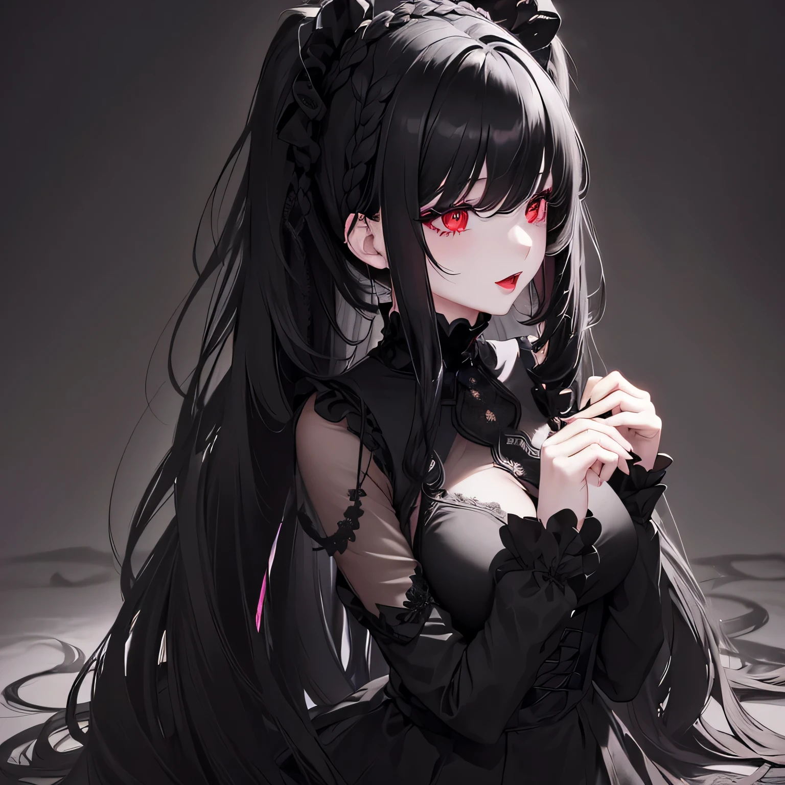 1 girl,Depp's Sense,confused,catch light,Super beautiful illustration,(black color,long hairstyles:1.6),turn around,dark dark eyeshadow,bright red lipstick,Gothic Lolita,Upper body,;d,beautiful and delicate flowing hair,delicate and detailed red eyes,big breasts
