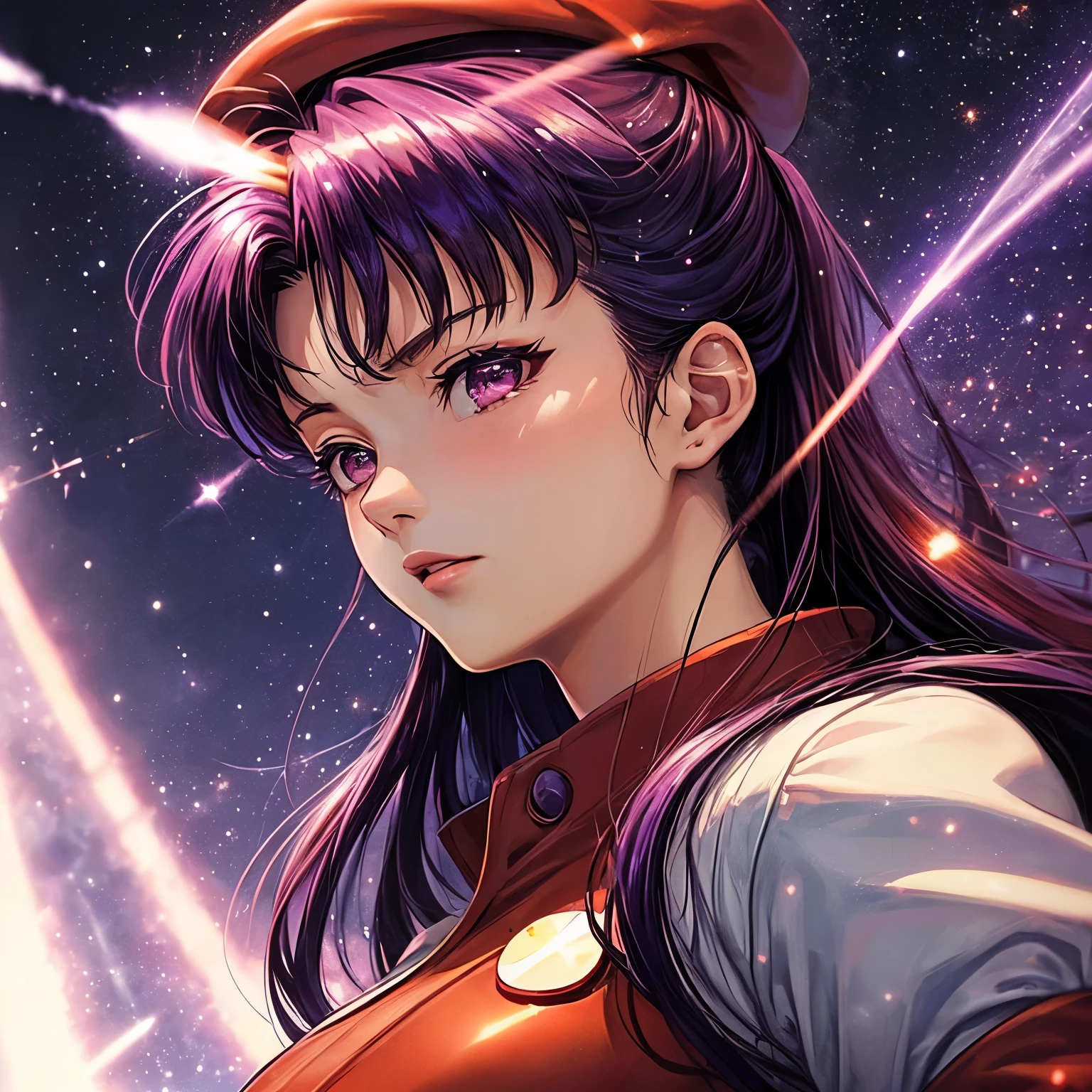 ((worst quality, low quality)), ((Close-up)), (Misato Katsuragi:1.2), Eva, Evaンゲリオン,(service service:1.3),purple hair, beautiful clear eyes, (nervous look), wearing red military uniform, beret, (light particles, shine of light:1.4), (( NERV background)), high angle shot, muste piece, best quality, Super detailed, masterpiece,